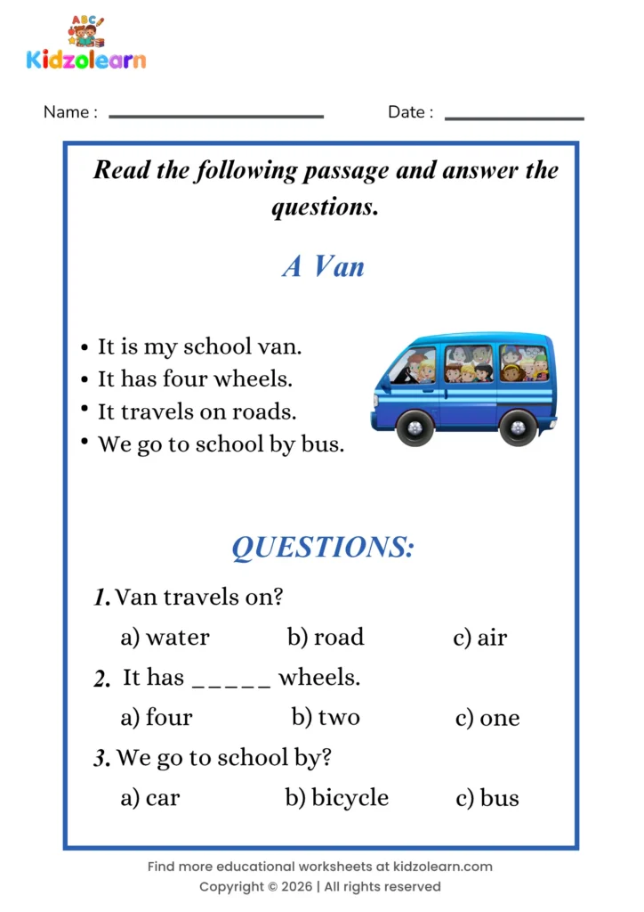 Free van reading comprehension worksheet for kids – printable PDF with a short passage about a van and three multiple choice comprehension questions
