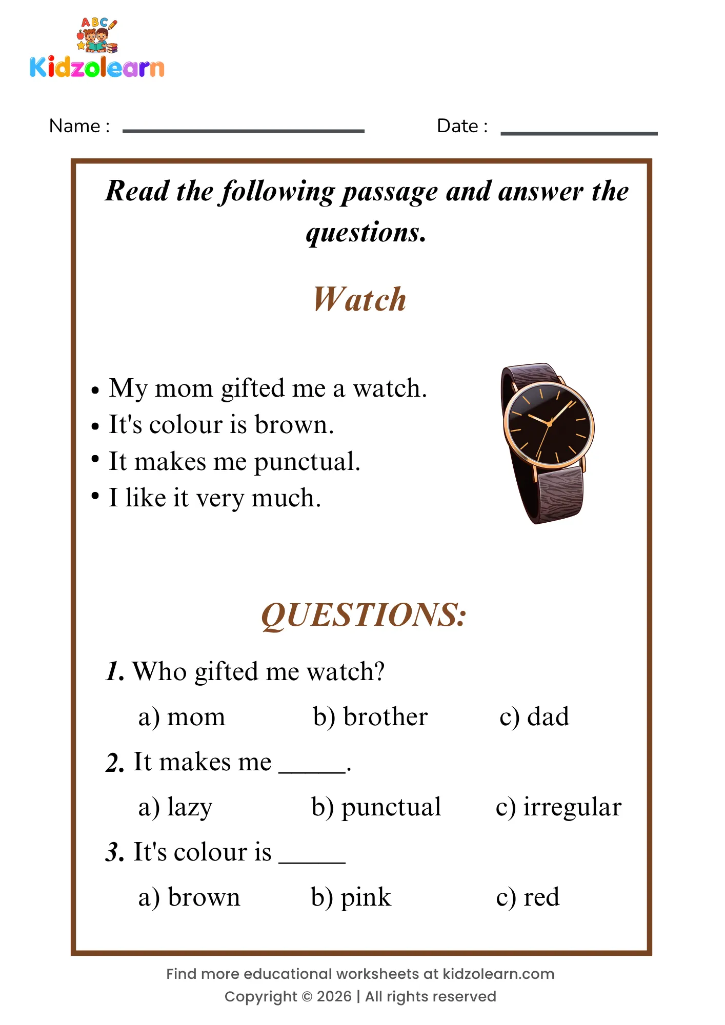 Free watch reading comprehension worksheet for kids – printable PDF with a short passage about watch and three multiple choice comprehension questions