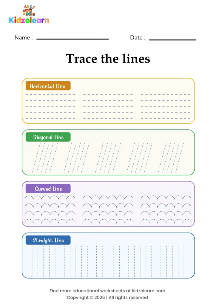 Free wavy & zigzag line tracing worksheet for kids – printable PDF with eight rows of mixed dotted patterns, from gentle waves to sharp zigzags and looping curls and numbered dotted tracing lines