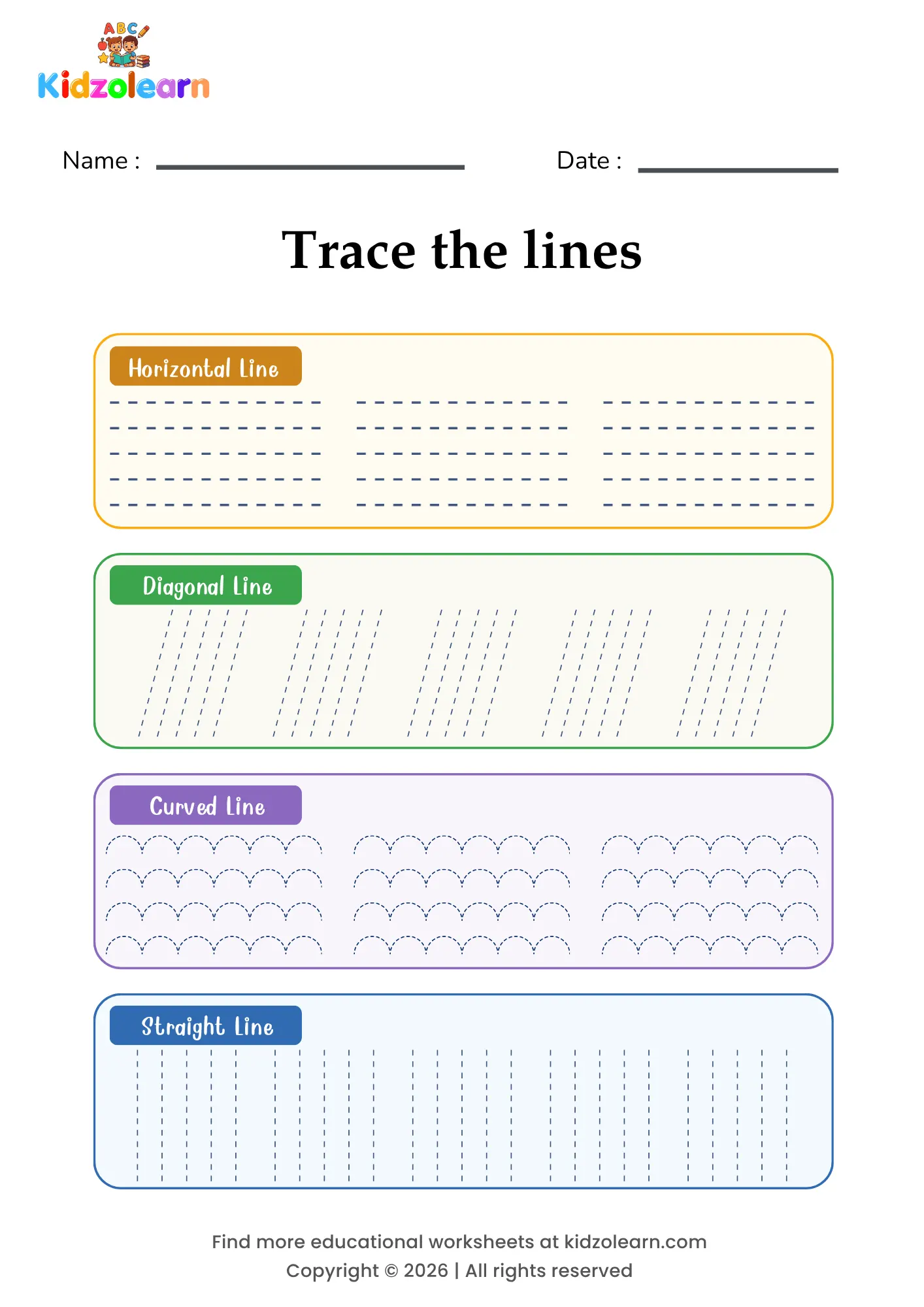 Free wavy & zigzag line tracing worksheet for kids – printable PDF with eight rows of mixed dotted patterns, from gentle waves to sharp zigzags and looping curls and numbered dotted tracing lines
