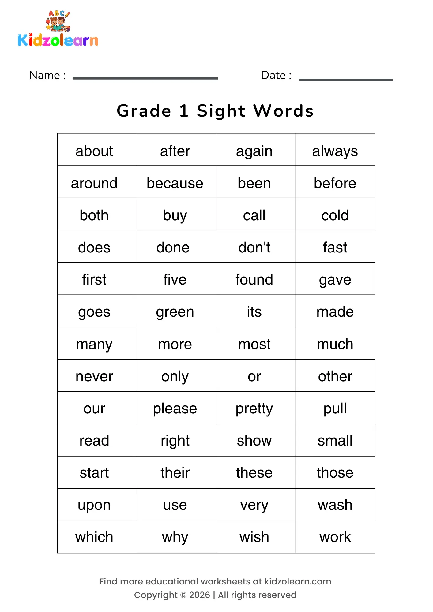 Free 1st grade sight words worksheet – printable PDF with 52 Grade 1 sight words — including about, after, again, always, around and because — laid out in a simple four-column grid