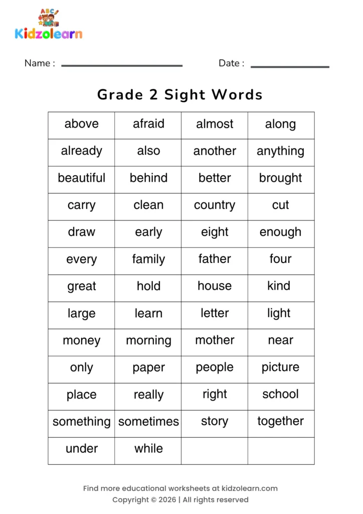 Free 2nd grade sight words worksheet – printable PDF with 50 Grade 2 sight words — including above, afraid, almost, along, already and beautiful — laid out in a simple four-column grid