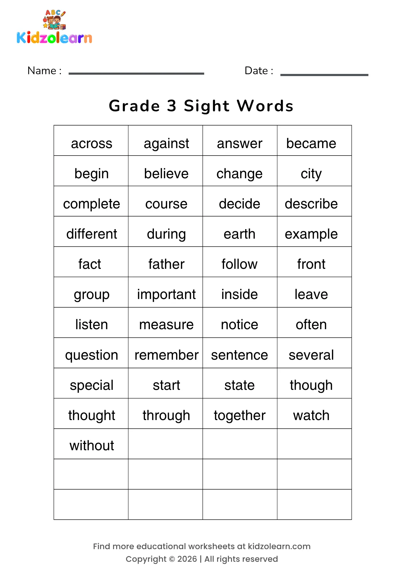 Free 3rd grade sight words worksheet – printable PDF with 45 Grade 3 sight words — including across, against, answer, became, begin and believe — laid out in a simple four-column grid