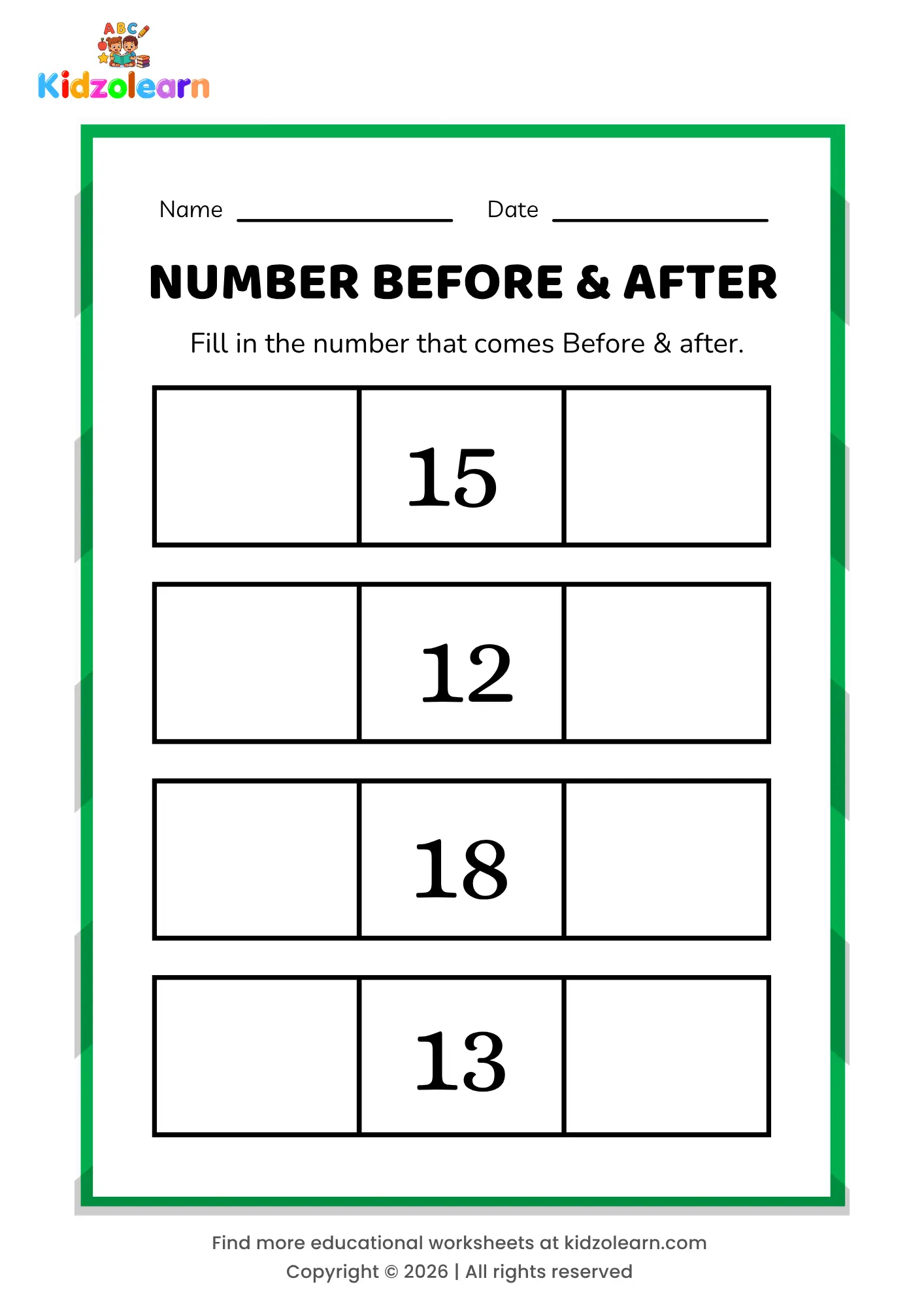 Free before and after numbers 11-20 worksheet for kids – printable PDF with box-themed number before & after activity, numbers 10-20