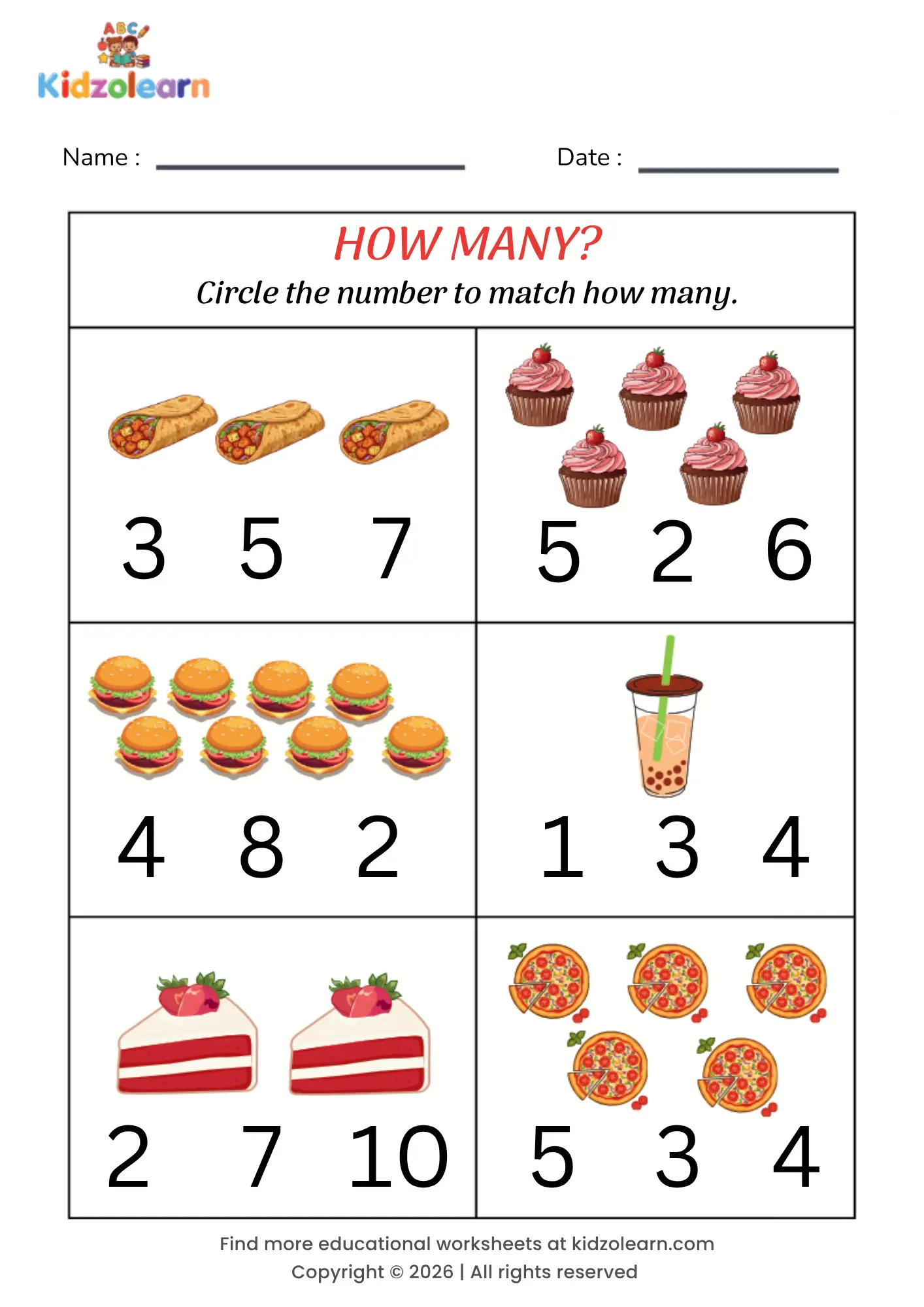 Free circle the correct number worksheet for kids – printable PDF with food-themed circle the number counting activity