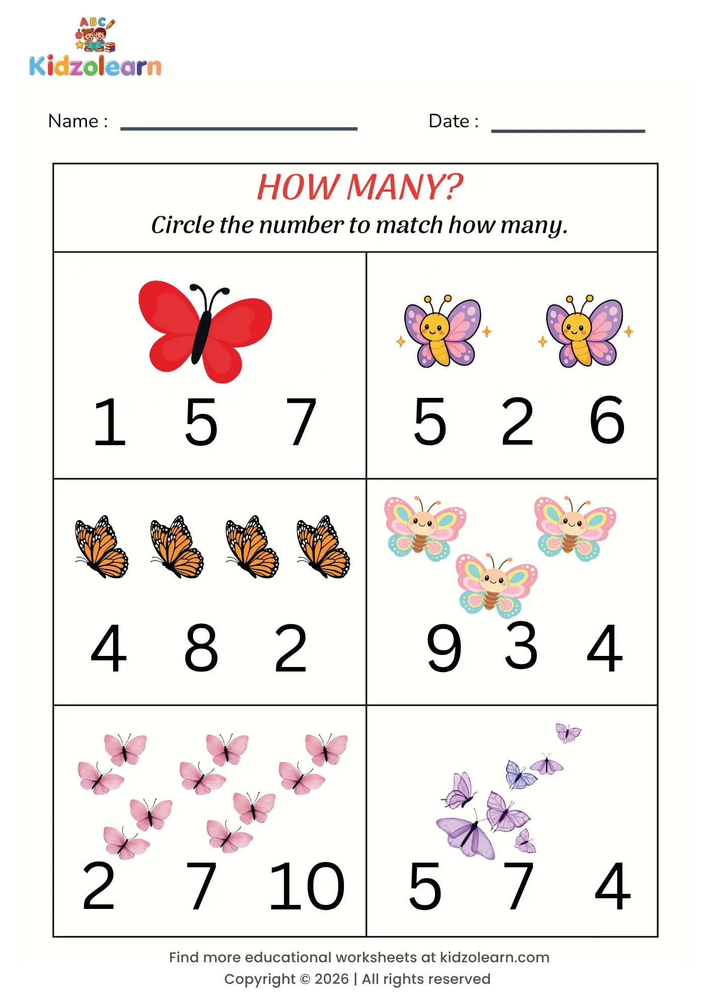 Free circle the number worksheet for kids – printable PDF with butterfly-themed circle the number counting activity
