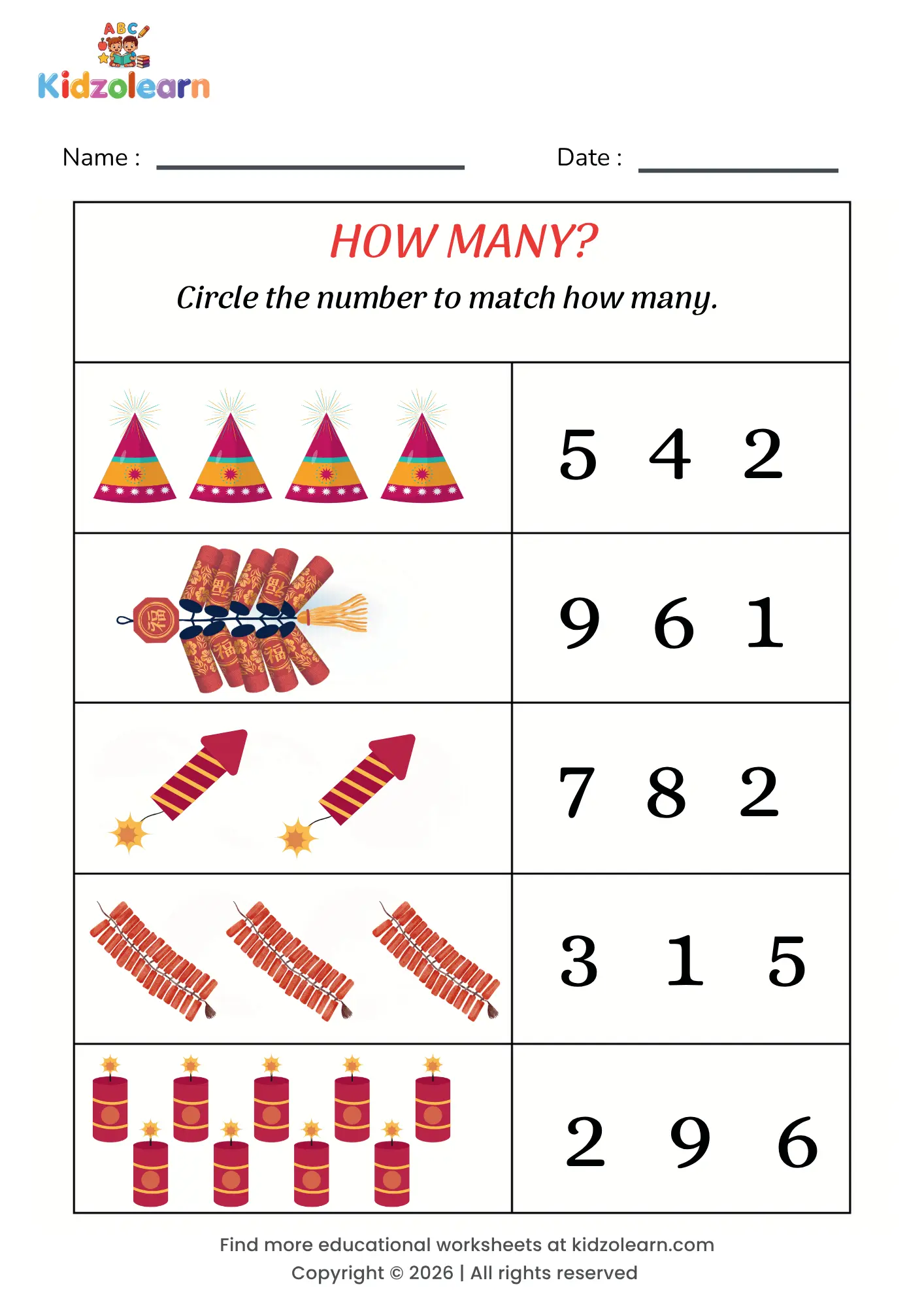 Free circle the right number worksheet for kids – printable PDF with firecracker-themed circle the number counting activity