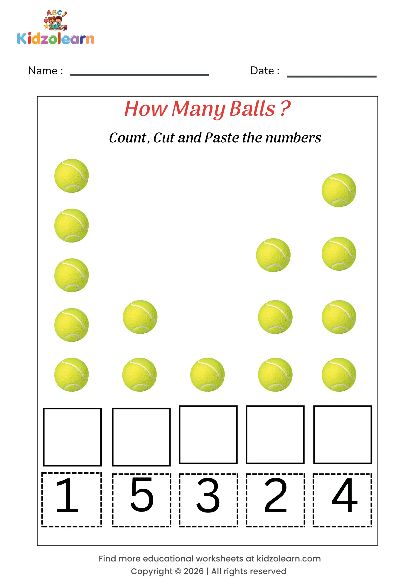 Free count and match the number worksheet for kids – printable PDF with ball-themed count, cut & paste counting activity