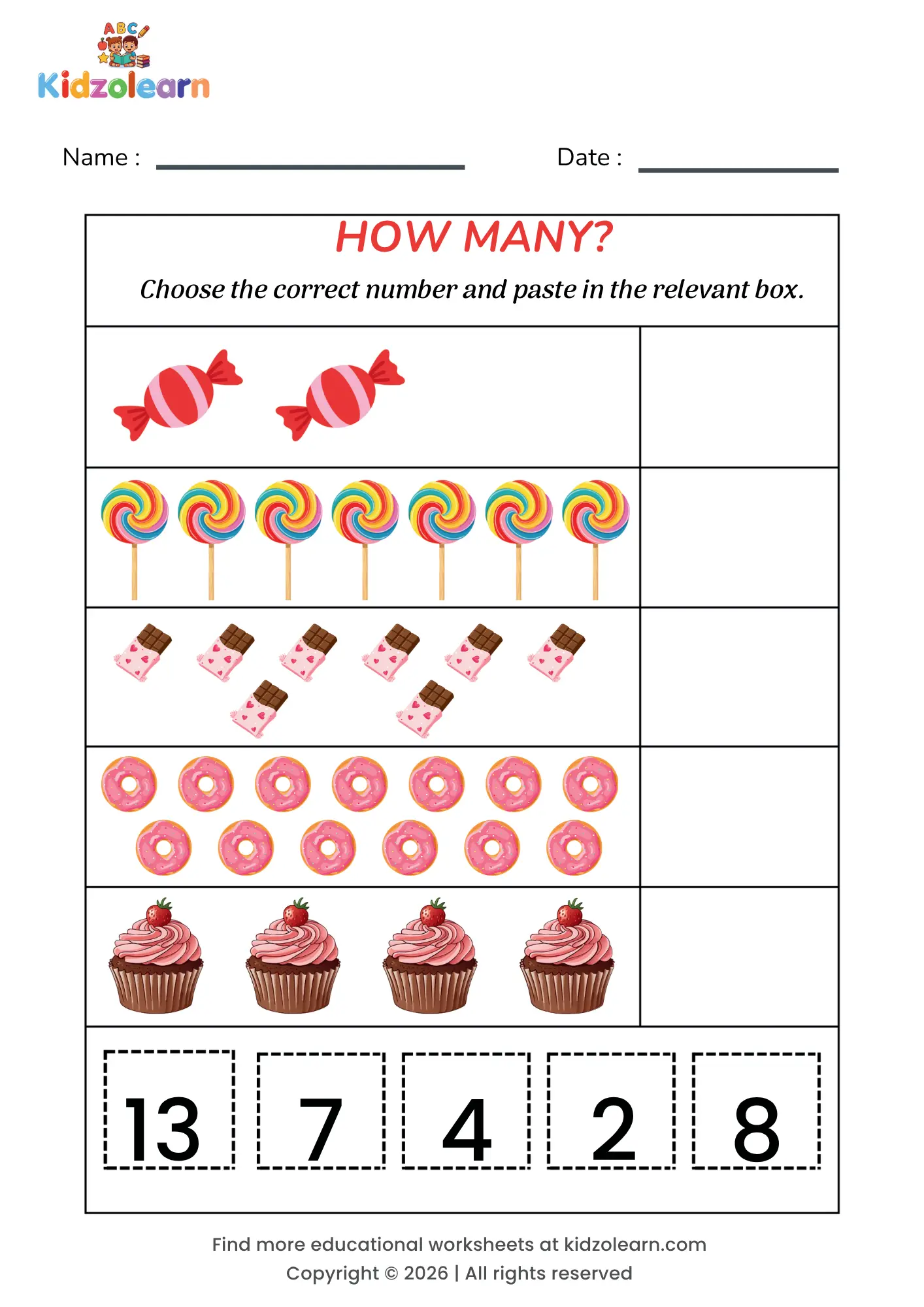 Free count and paste the number worksheet for kids – printable PDF with sweet treat-themed choose & paste the number counting activity