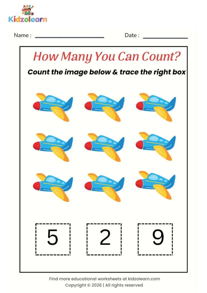 Free count and trace the number worksheet for kids – printable PDF with airplane-themed trace the correct number counting activity