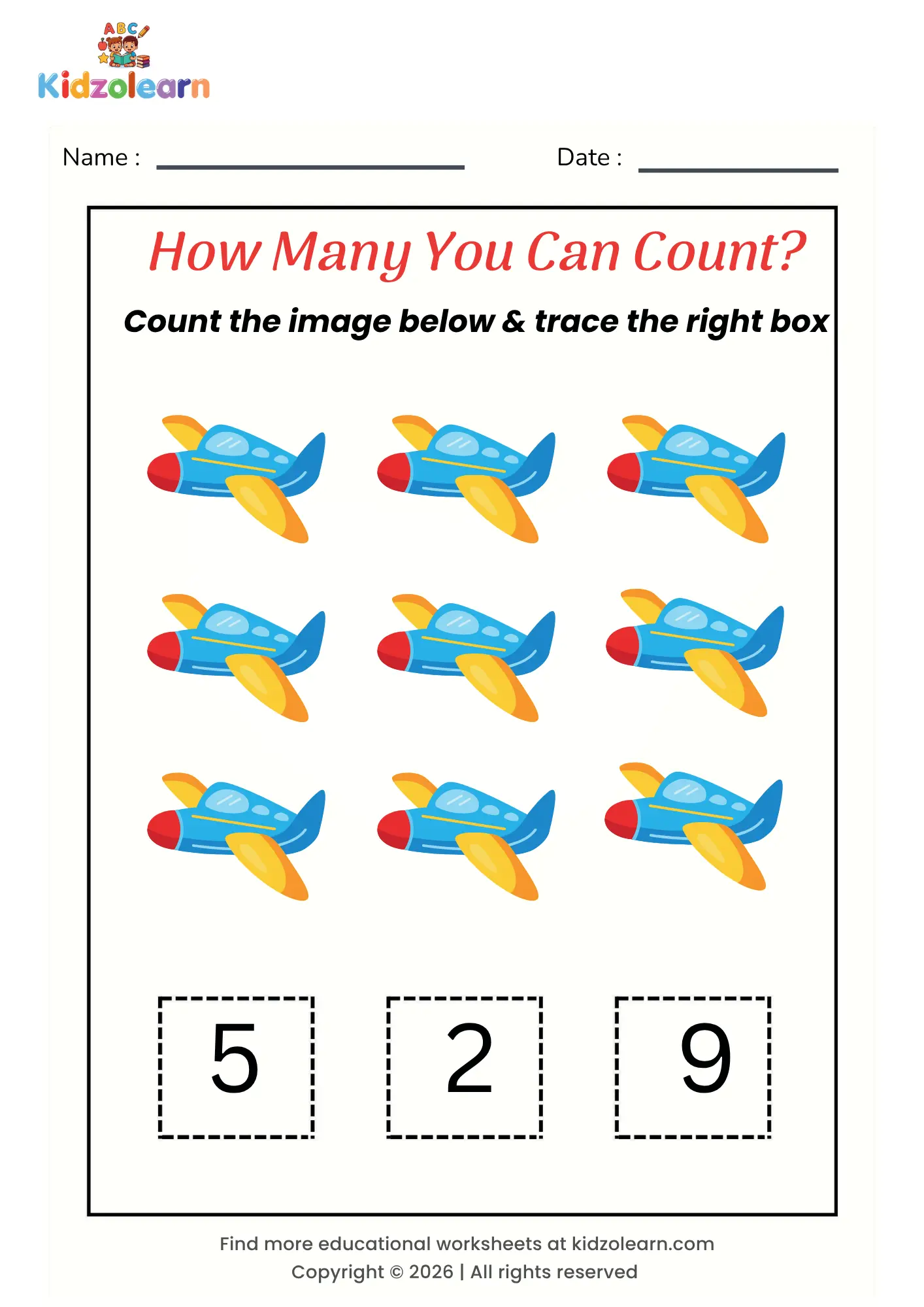 Free count and trace the number worksheet for kids – printable PDF with airplane-themed trace the correct number counting activity