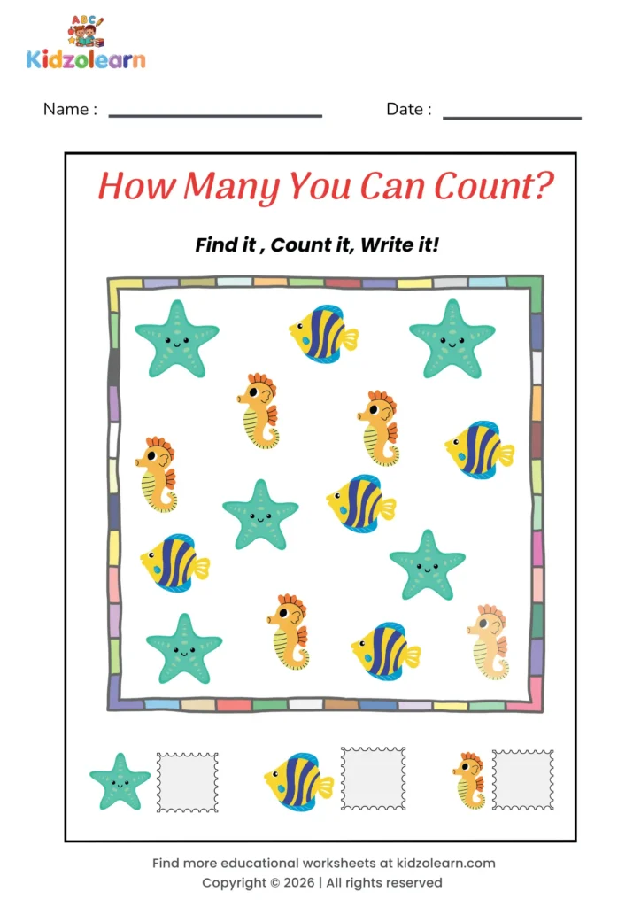 Free count and write the number worksheet for kids – printable PDF with sea creature-themed find, count & write counting activity