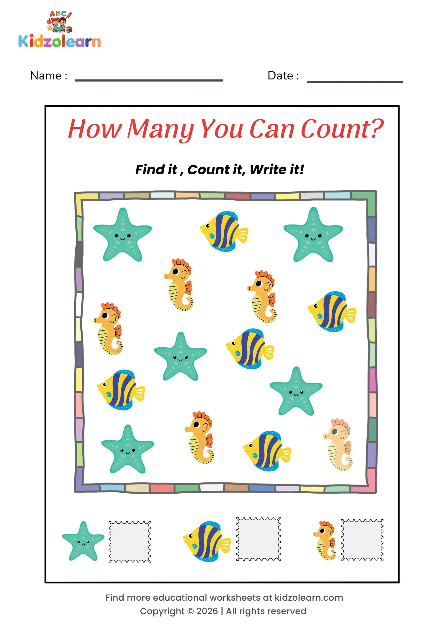 Free count and write the number worksheet for kids – printable PDF with sea creature-themed find, count & write counting activity