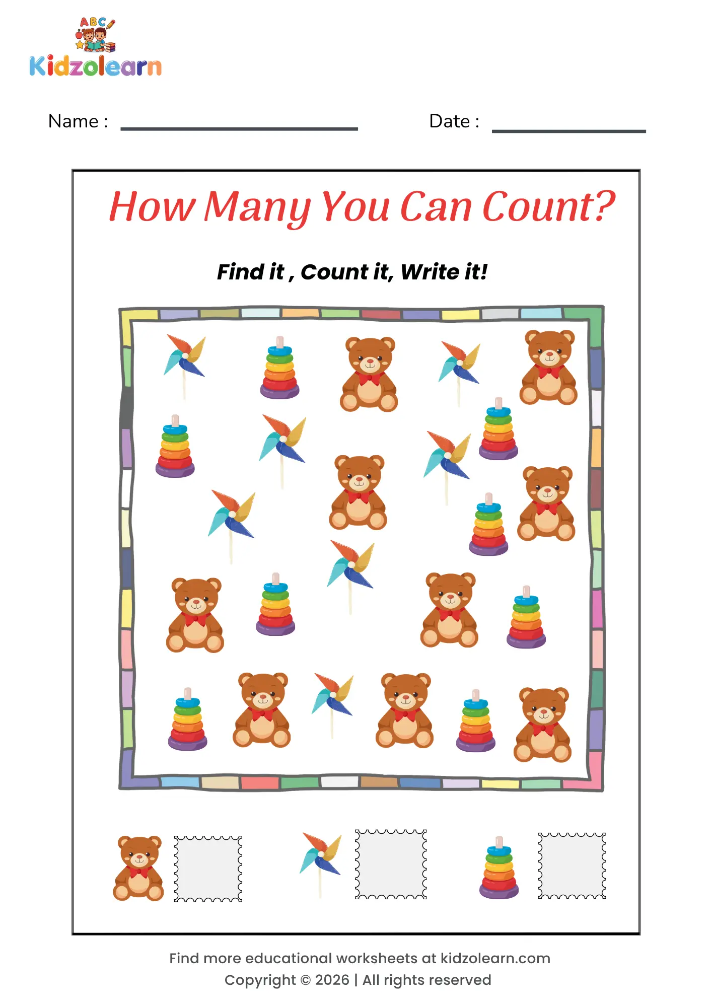 Free count & write worksheet for kindergarten for kids – printable PDF with toy-themed find, count & write counting activity