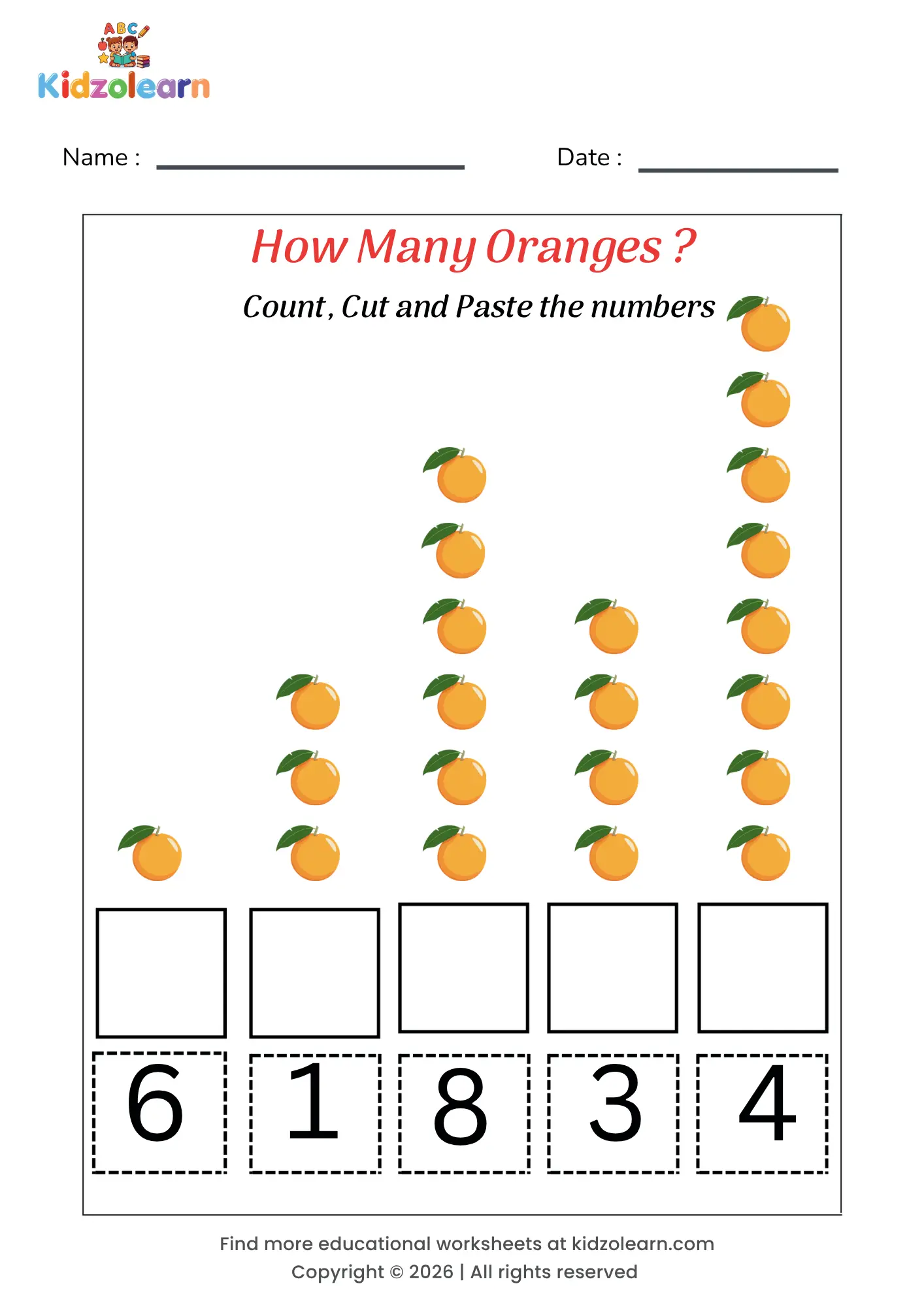 Free count cut and paste worksheet for kids – printable PDF with orange-themed count, cut & paste counting activity
