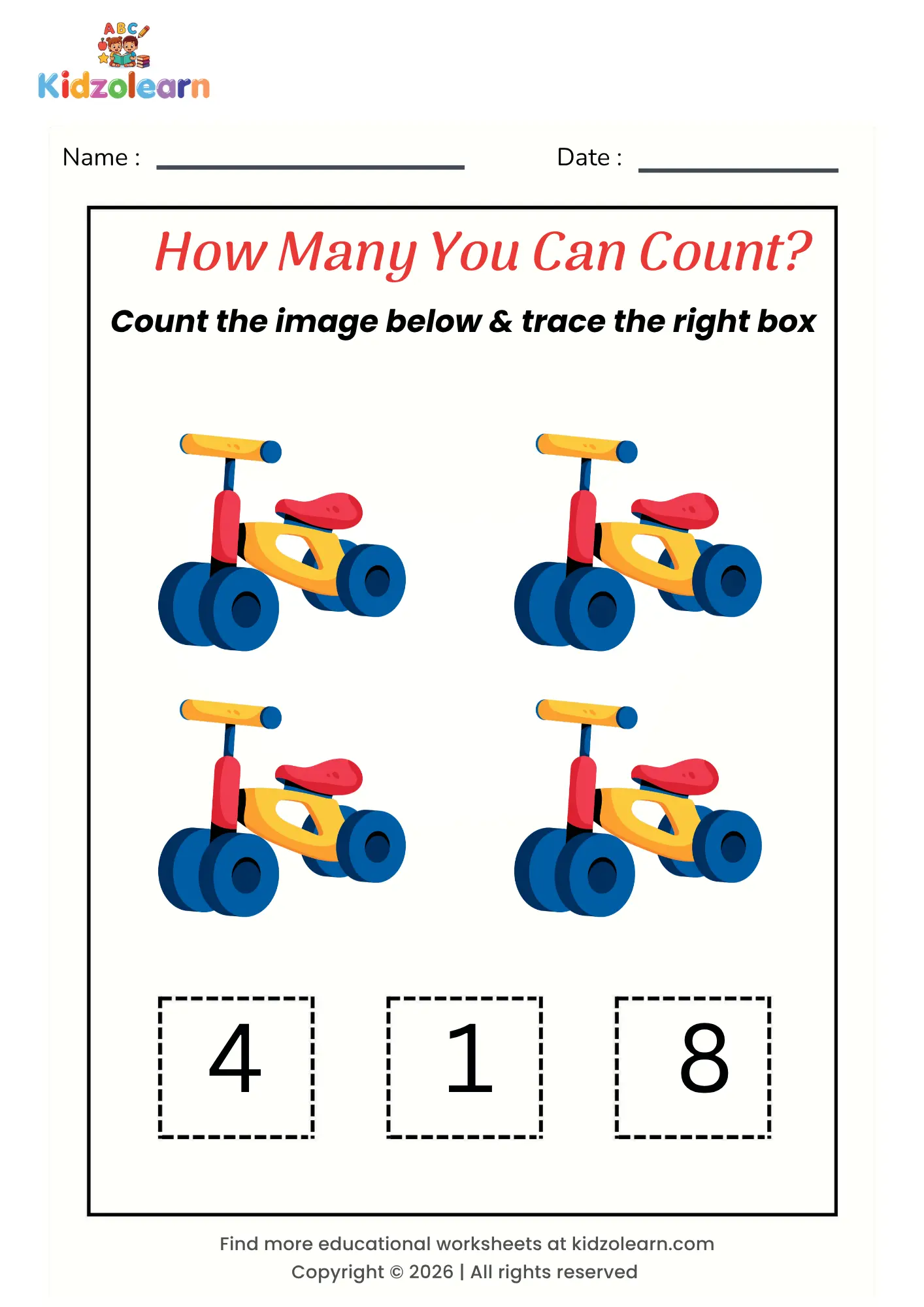 Free counting activity worksheet for kids – printable PDF with tricycle-themed trace the correct number counting activity