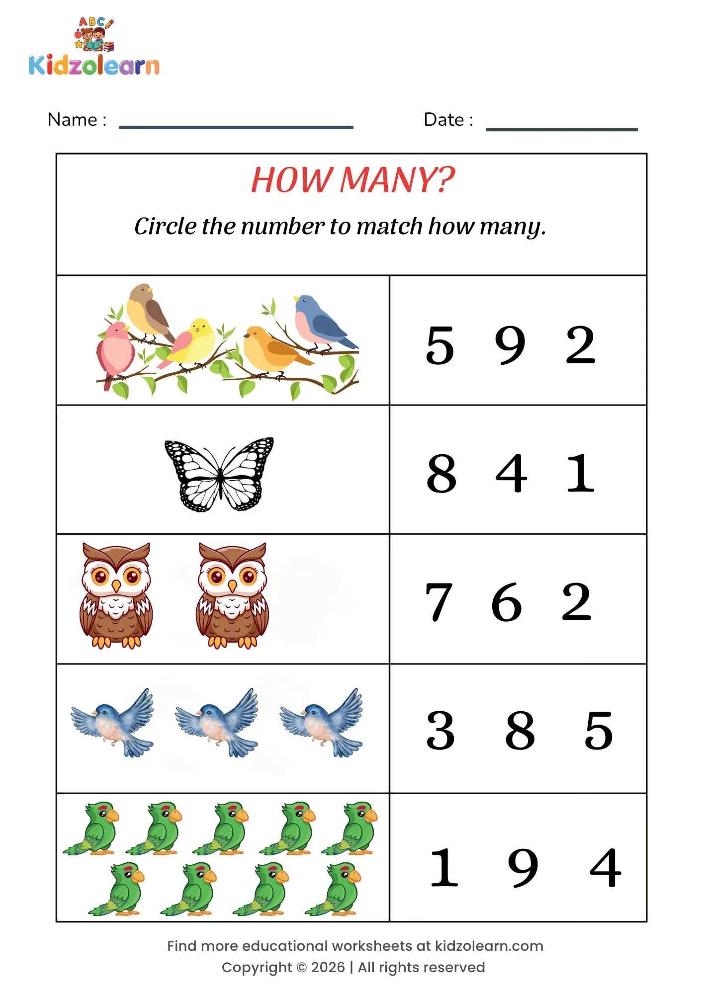Free counting and circling numbers worksheet for kids – printable PDF with bird-themed circle the number counting activity