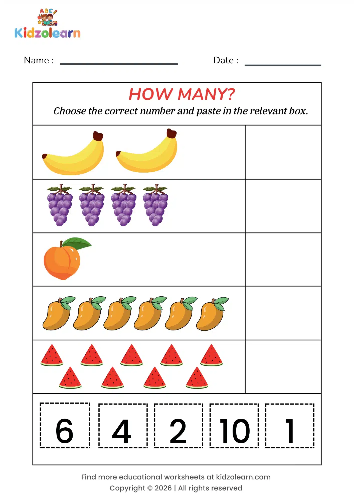 Free counting and pasting numbers worksheet for kids – printable PDF with fruit-themed choose & paste the number counting activity