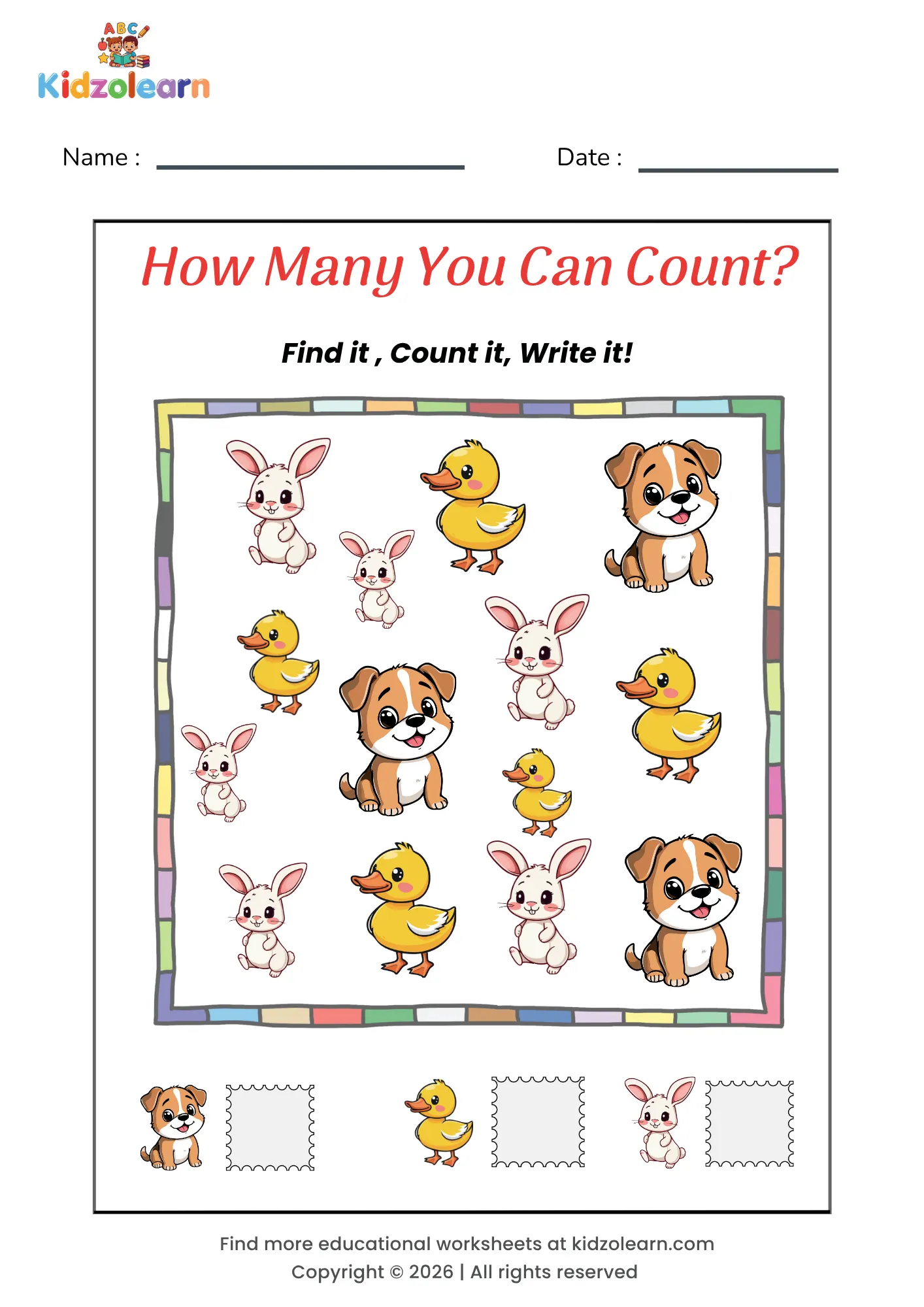Free counting objects worksheet for kids – printable PDF with farm animal-themed find, count & write counting activity