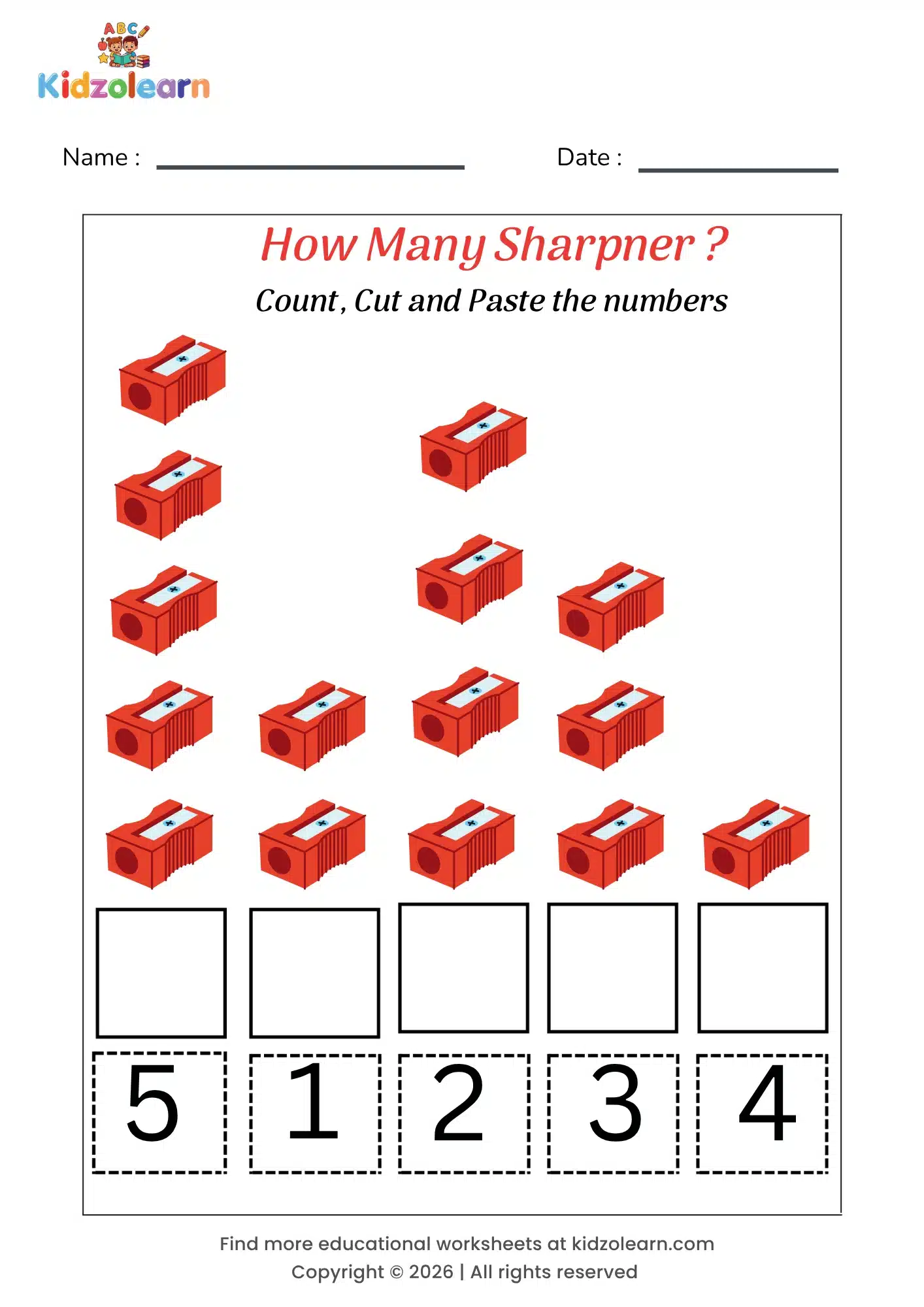 Free counting practice worksheet for preschool for kids – printable PDF with sharpener-themed count, cut & paste counting activity