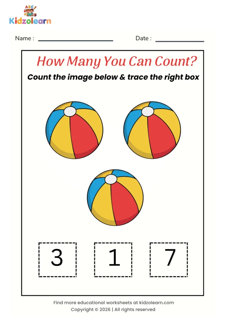 Free counting worksheet for kids – printable PDF with beach ball-themed trace the correct number counting activity