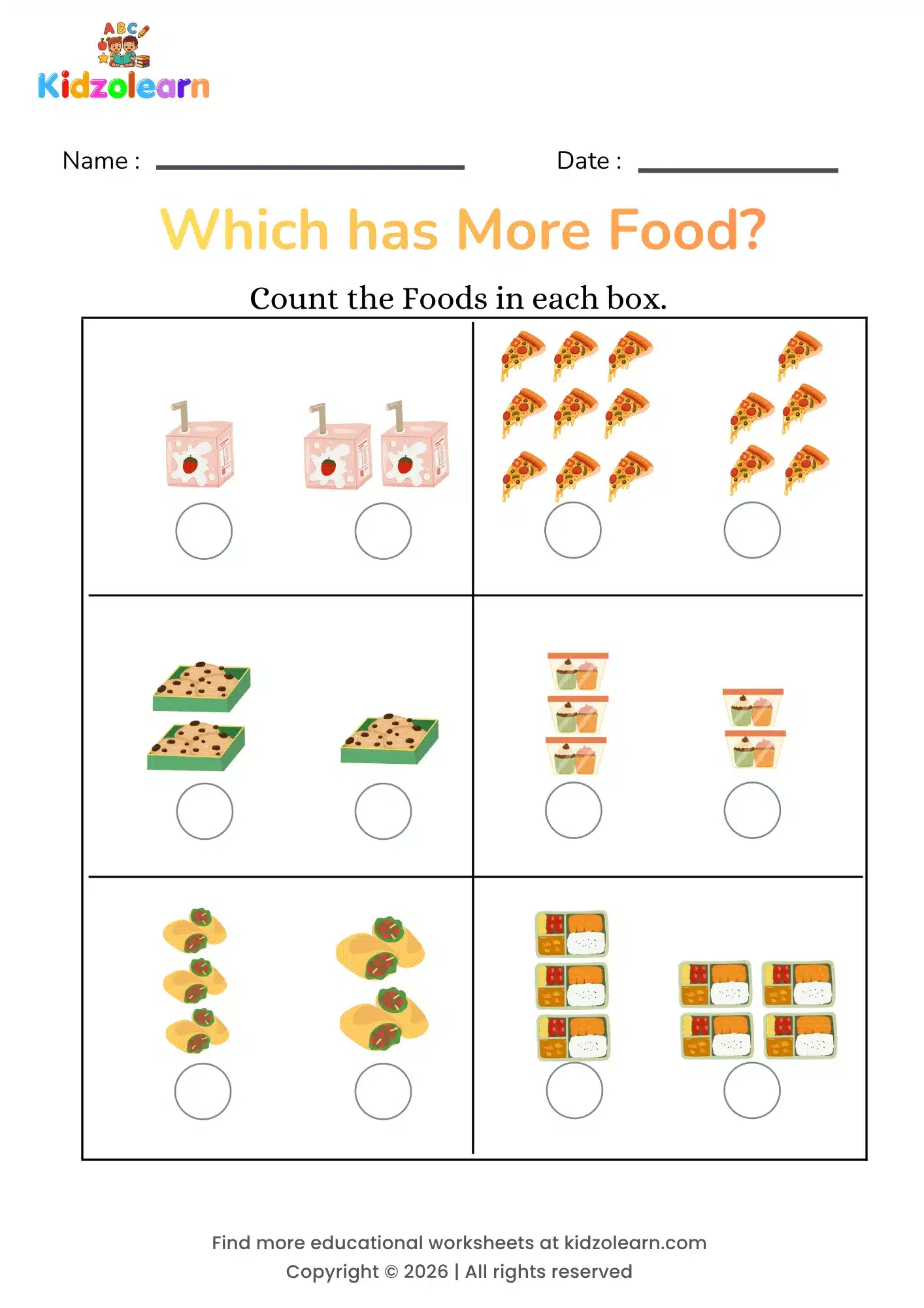 Free counting food worksheet for kids – printable PDF showing juice boxes, pizza slices, cookie trays, cupcakes, tacos and bento boxes for counting and quantity comparison practice