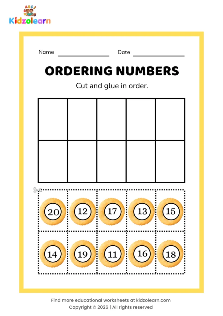 Free cut and glue numbers in order worksheet for kids – printable PDF with cracker-themed ordering numbers activity, numbers 11-20