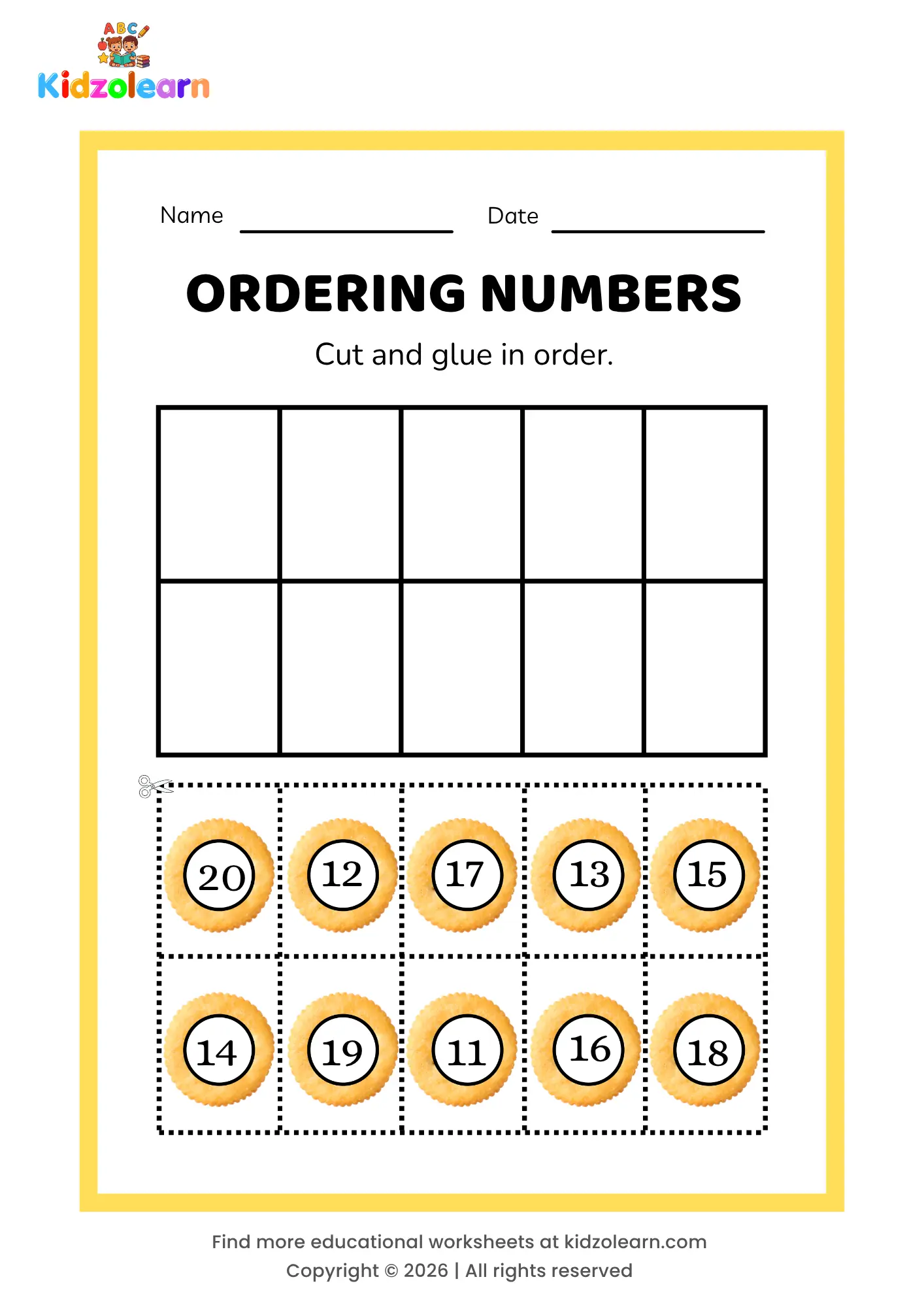 Free cut and glue numbers in order worksheet for kids – printable PDF with cracker-themed ordering numbers activity, numbers 11-20