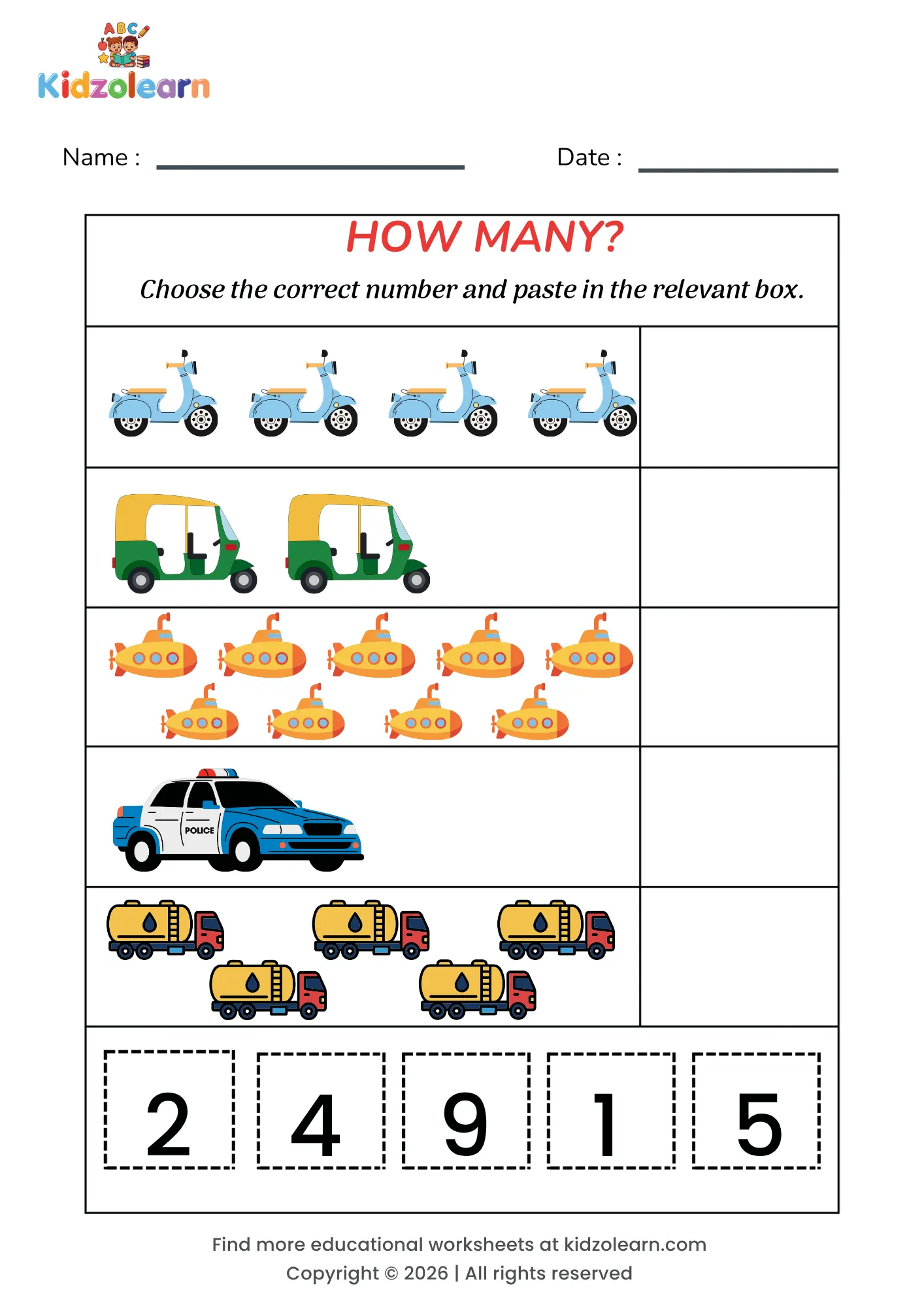 Free cut and paste the numbers worksheet for kids – printable PDF with vehicle-themed choose & paste the number counting activity
