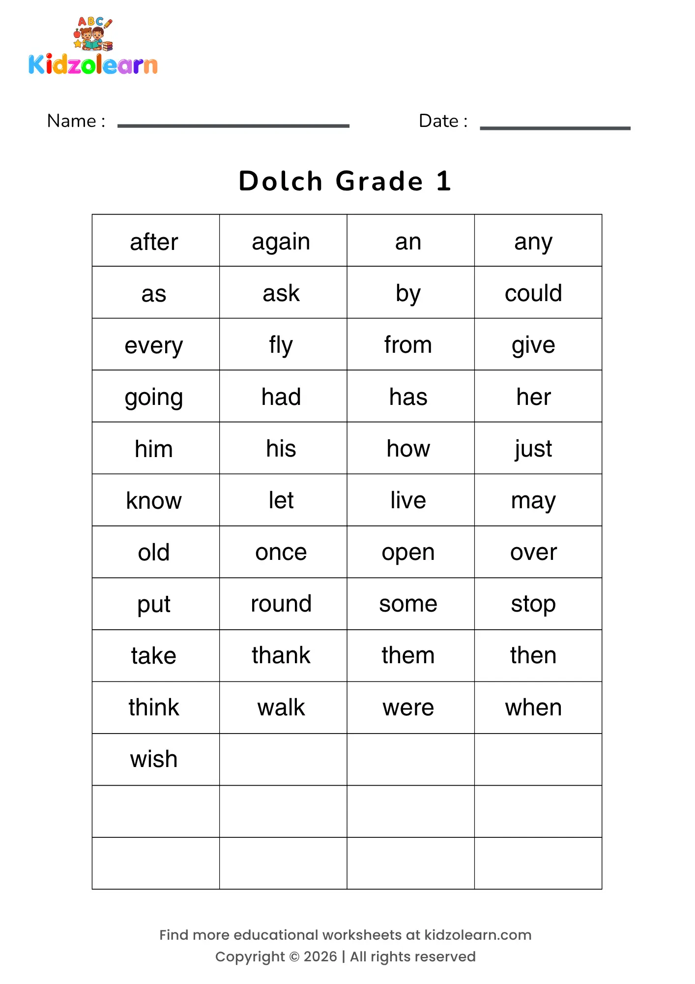 Free dolch grade 1 sight words worksheet – printable PDF with all 41 words from the Dolch Grade 1 list — including after, again, an, any, as and ask — the third stage of the Dolch word system