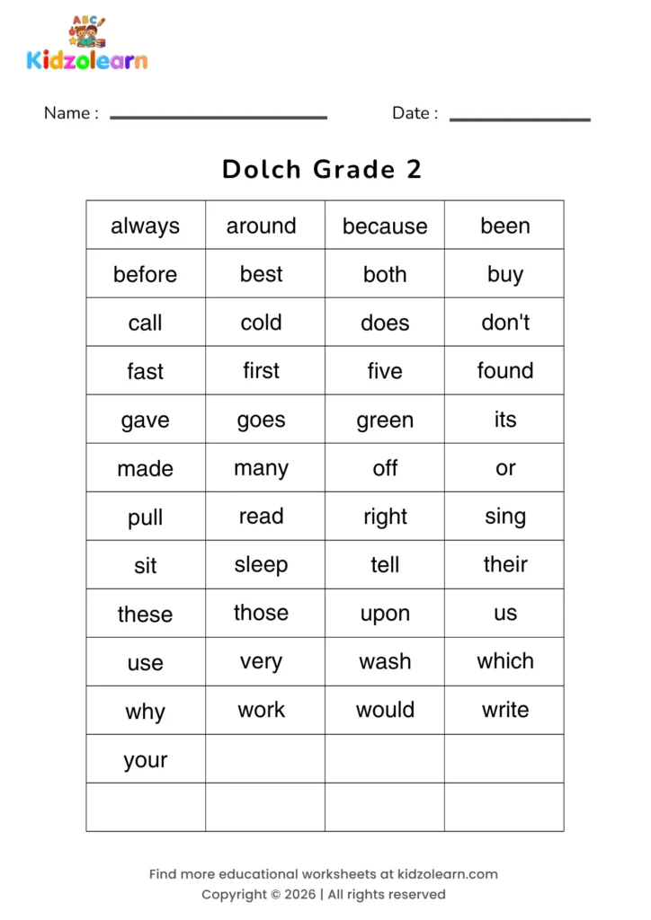 Free dolch grade 2 sight words worksheet – printable PDF with all 45 words from the Dolch Grade 2 list — including always, around, because, been, before and best — the fourth stage of the Dolch word system