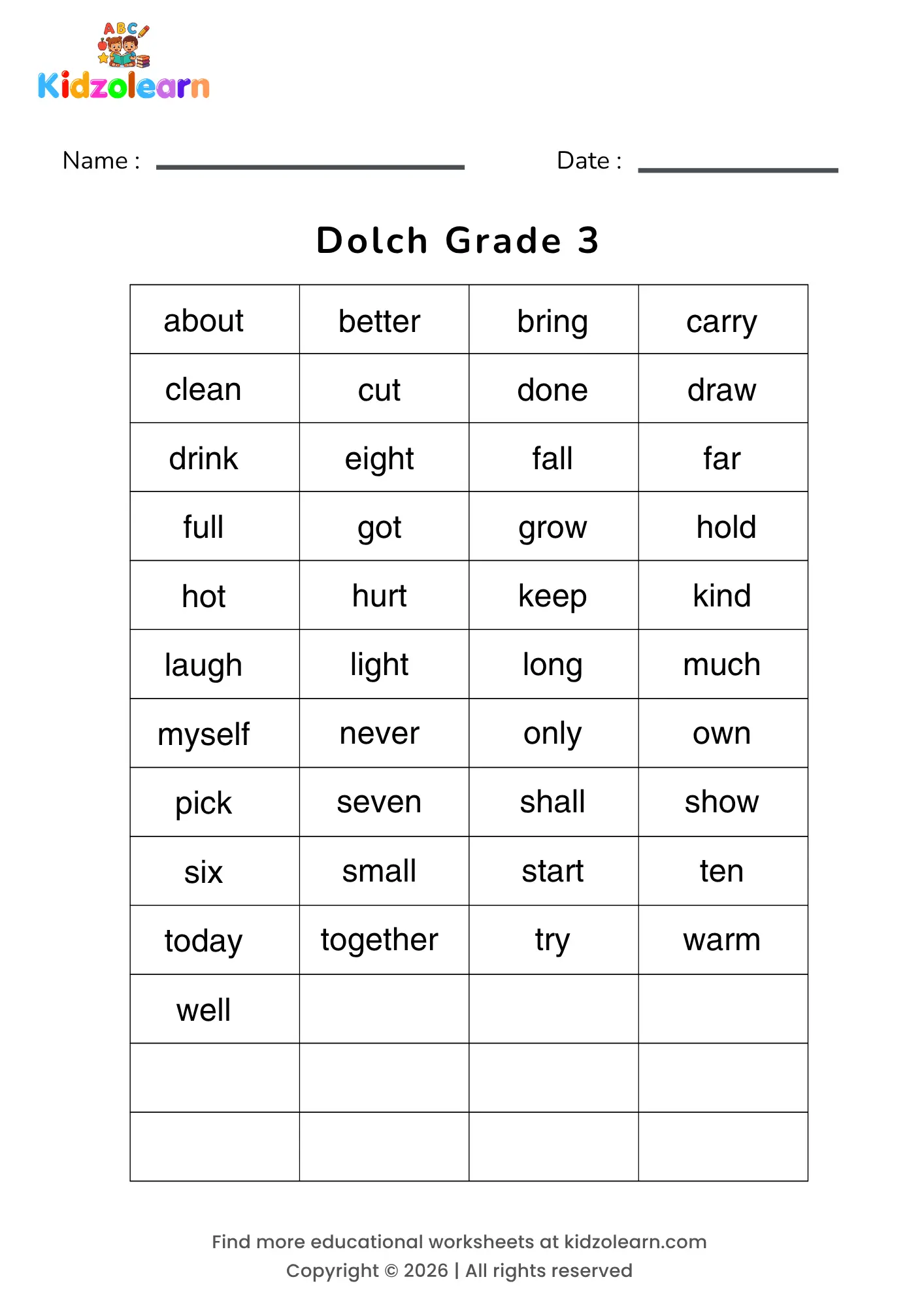 Free dolch grade 3 sight words worksheet – printable PDF with all 45 words from the Dolch Grade 3 list — including about, better, bring, carry, clean and cut — the final stage of the Dolch word system
