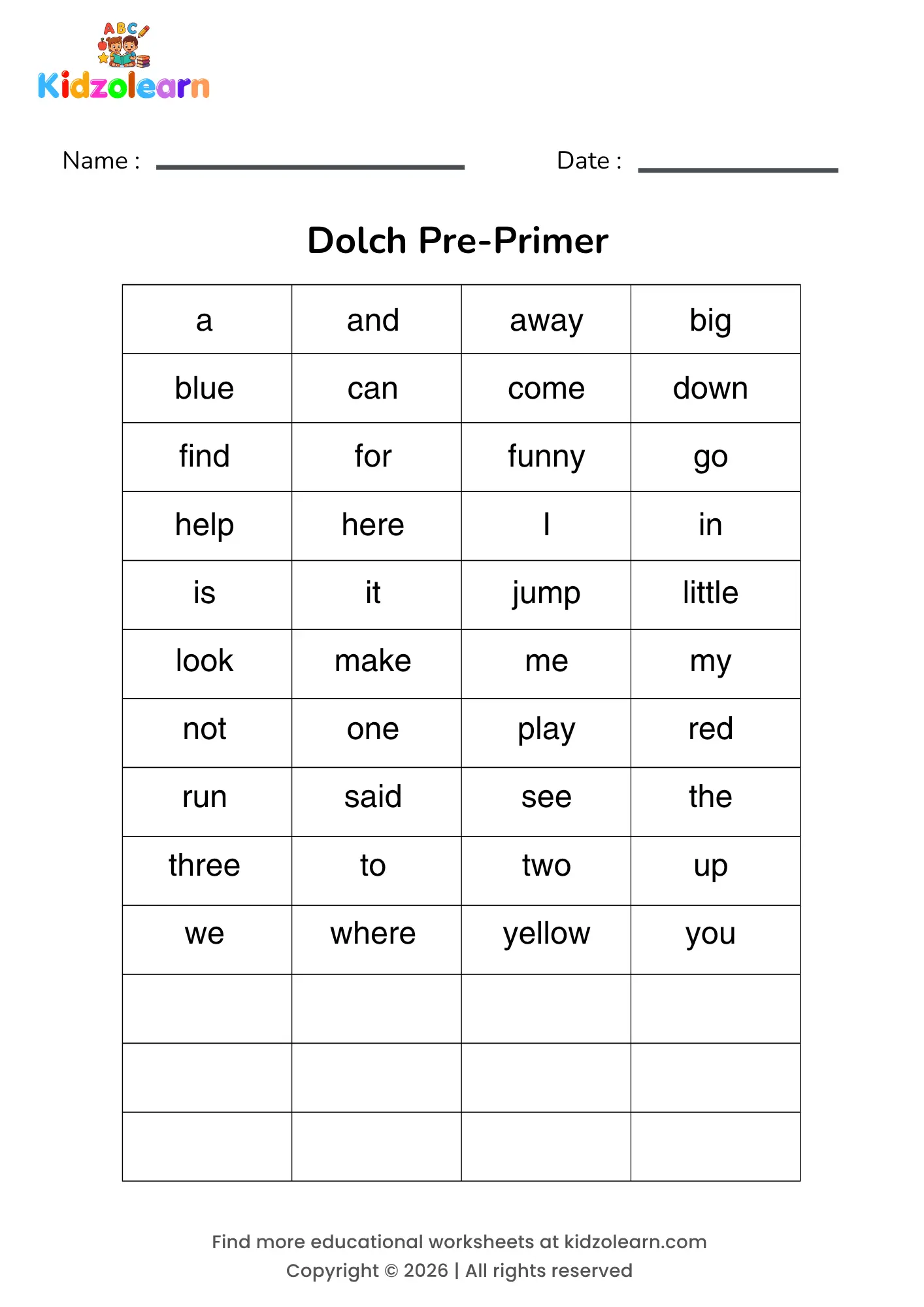 Free dolch pre-primer sight words worksheet – printable PDF with all 40 words from the classic Dolch Pre-Primer list — including a, and, away, big, blue and come — the very first stage of the Dolch word system