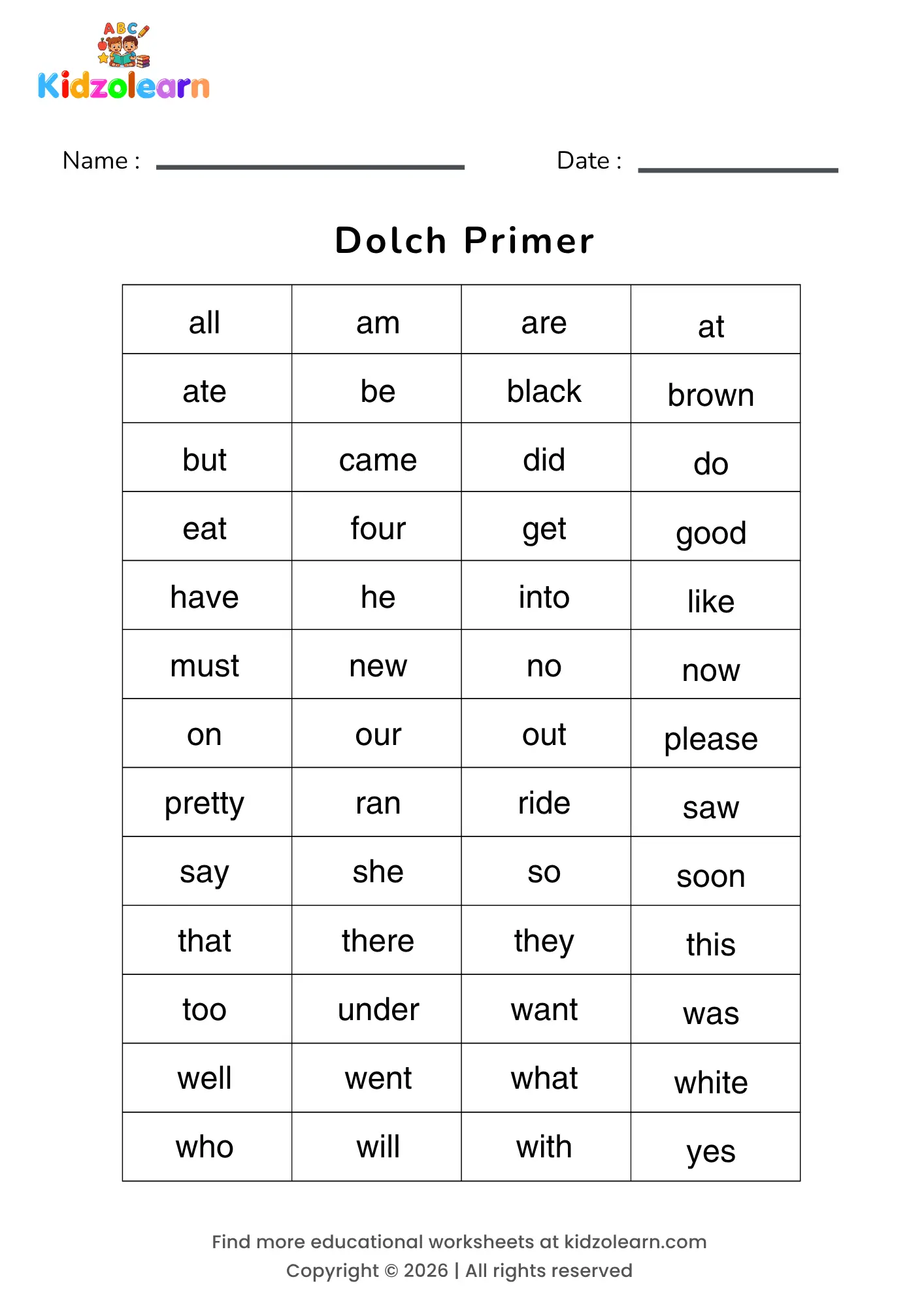 Free dolch primer sight words worksheet – printable PDF with all 52 words from the classic Dolch Primer list — including all, am, are, at, ate and be — the second stage of the Dolch word system