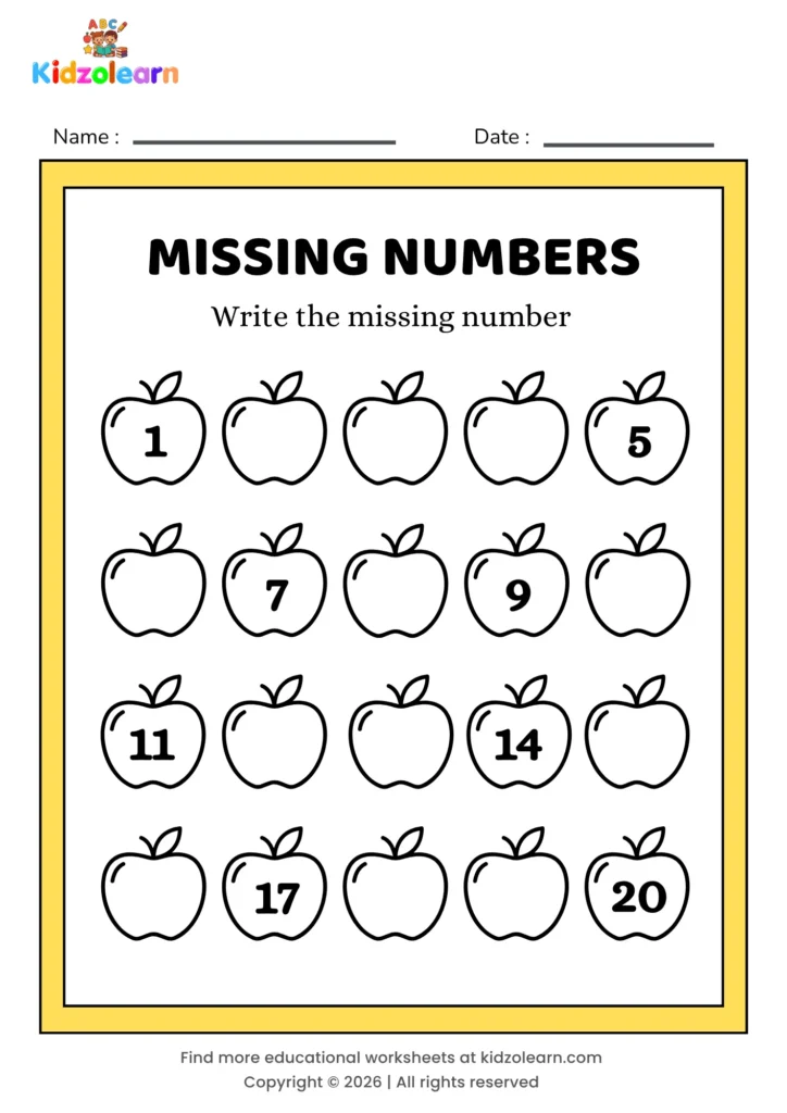 Free fill in the missing number worksheet for kids – printable PDF with apple-themed missing numbers activity, numbers 1-20