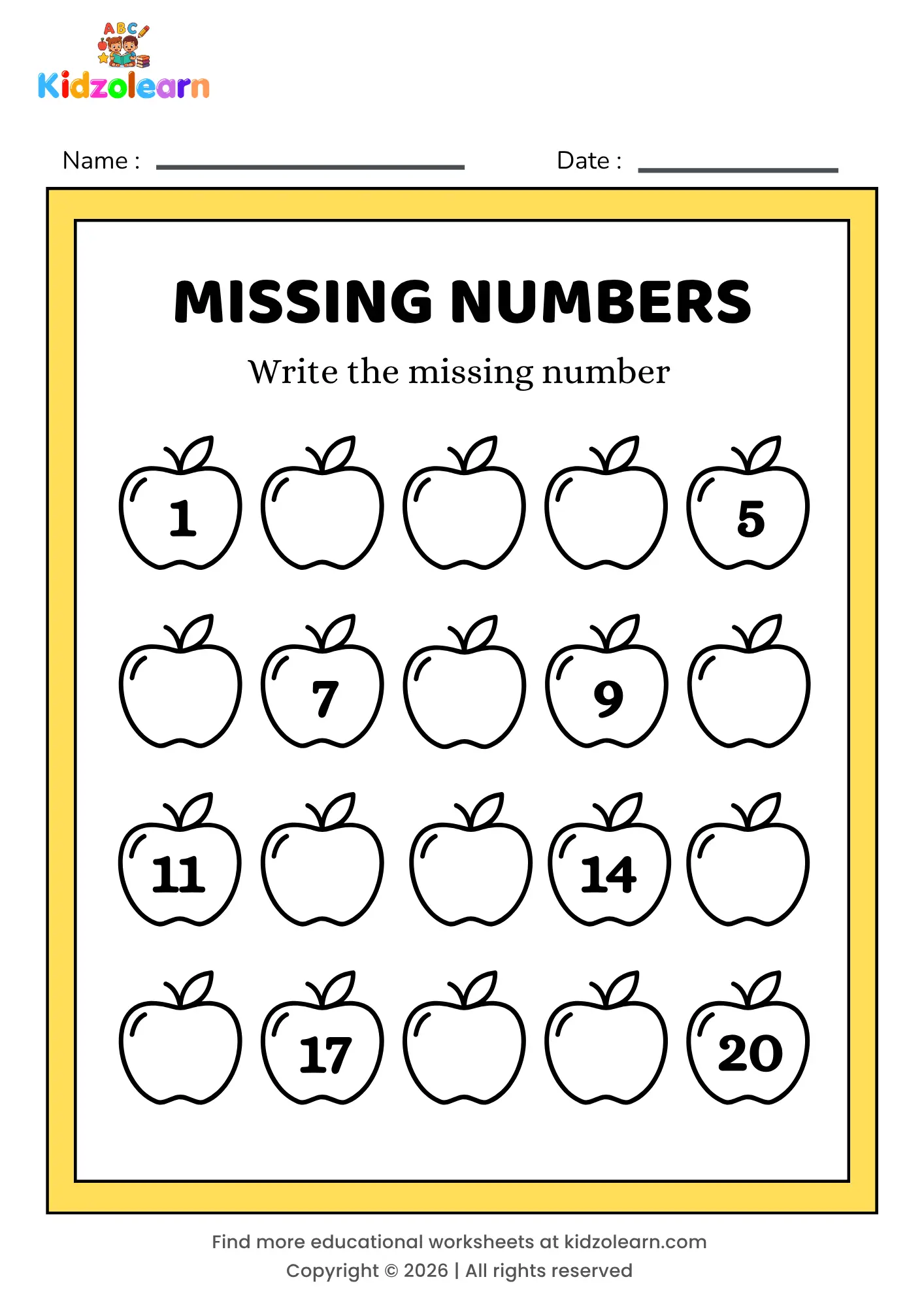 Free fill in the missing number worksheet for kids – printable PDF with apple-themed missing numbers activity, numbers 1-20