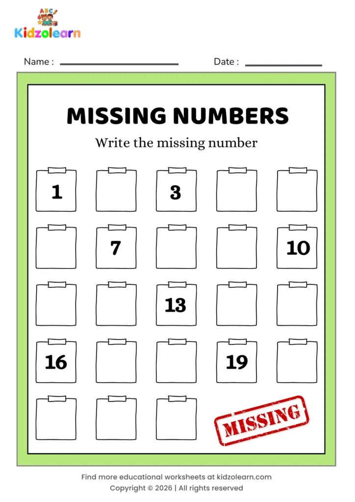 Free find the missing number worksheet for kids – printable PDF with clipboard-themed missing numbers activity, numbers 1-20
