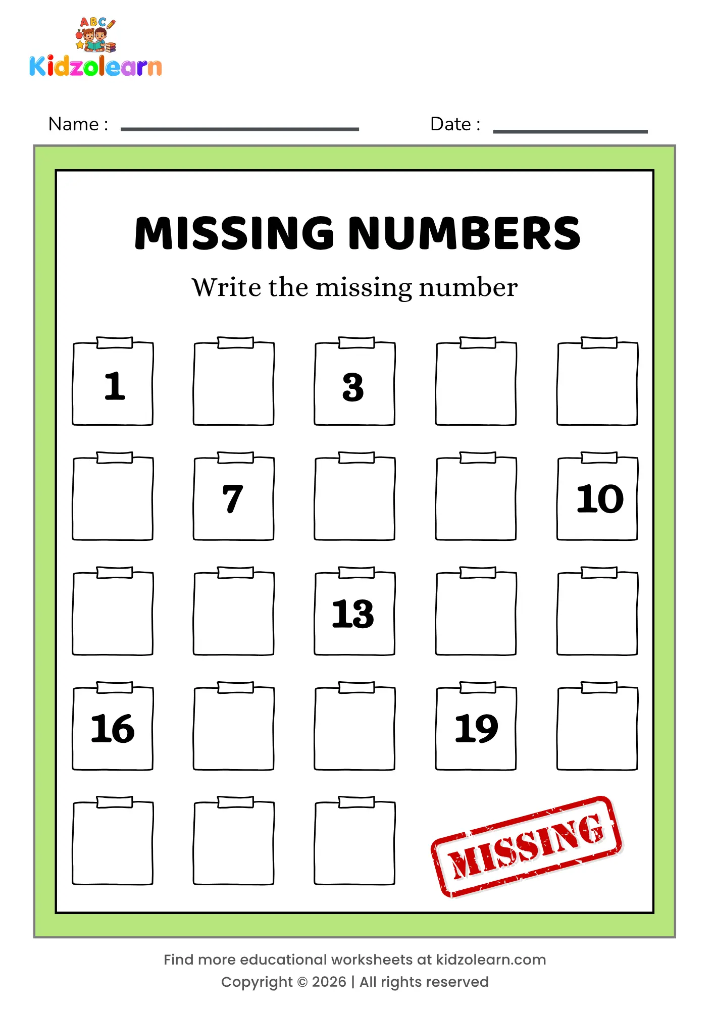 Free find the missing number worksheet for kids – printable PDF with clipboard-themed missing numbers activity, numbers 1-20