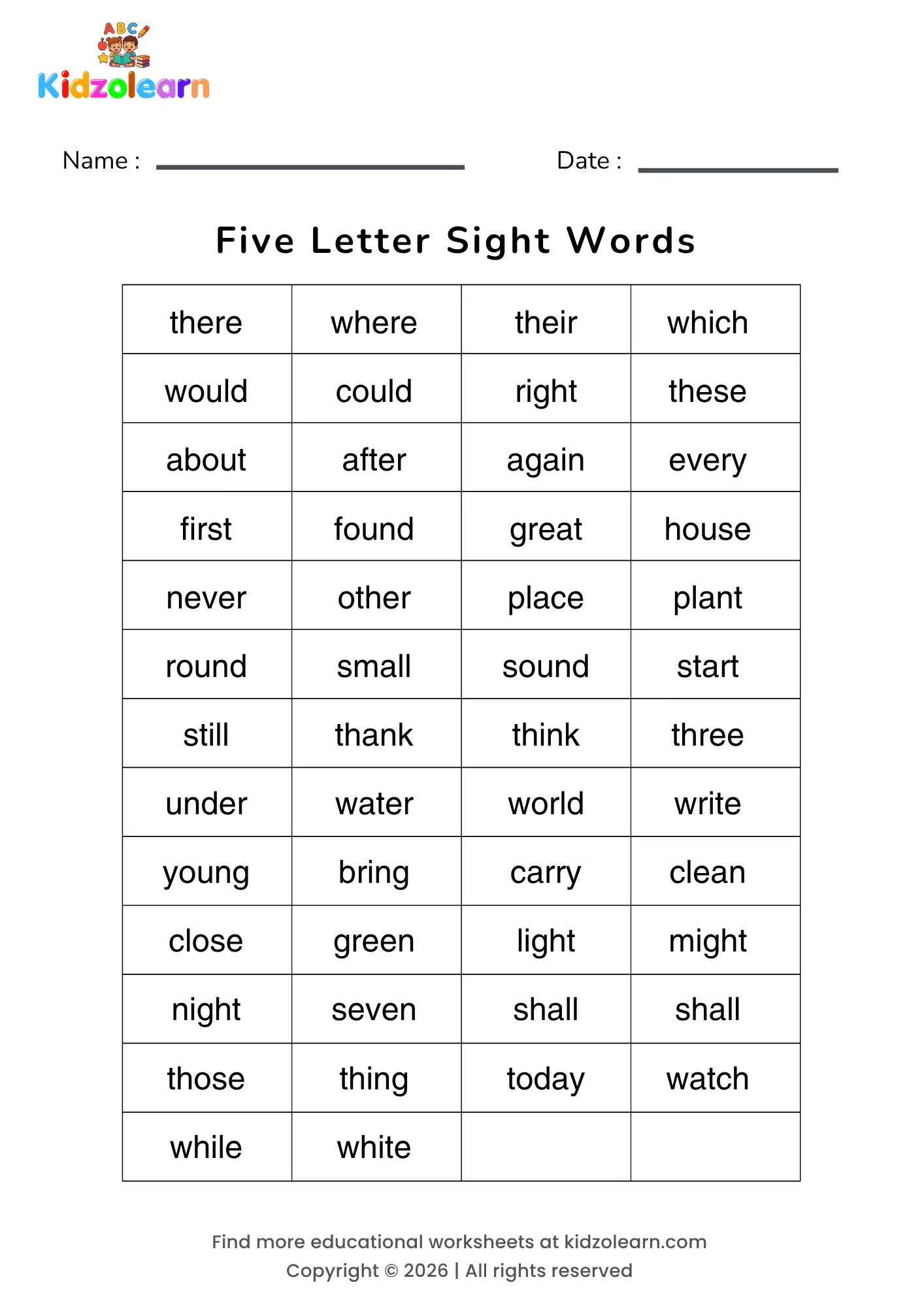 Free five letter sight words worksheet – printable PDF with 50 common sight words that are exactly five letters long — including there, where, their, which, would and could — grouped for more confident early readers