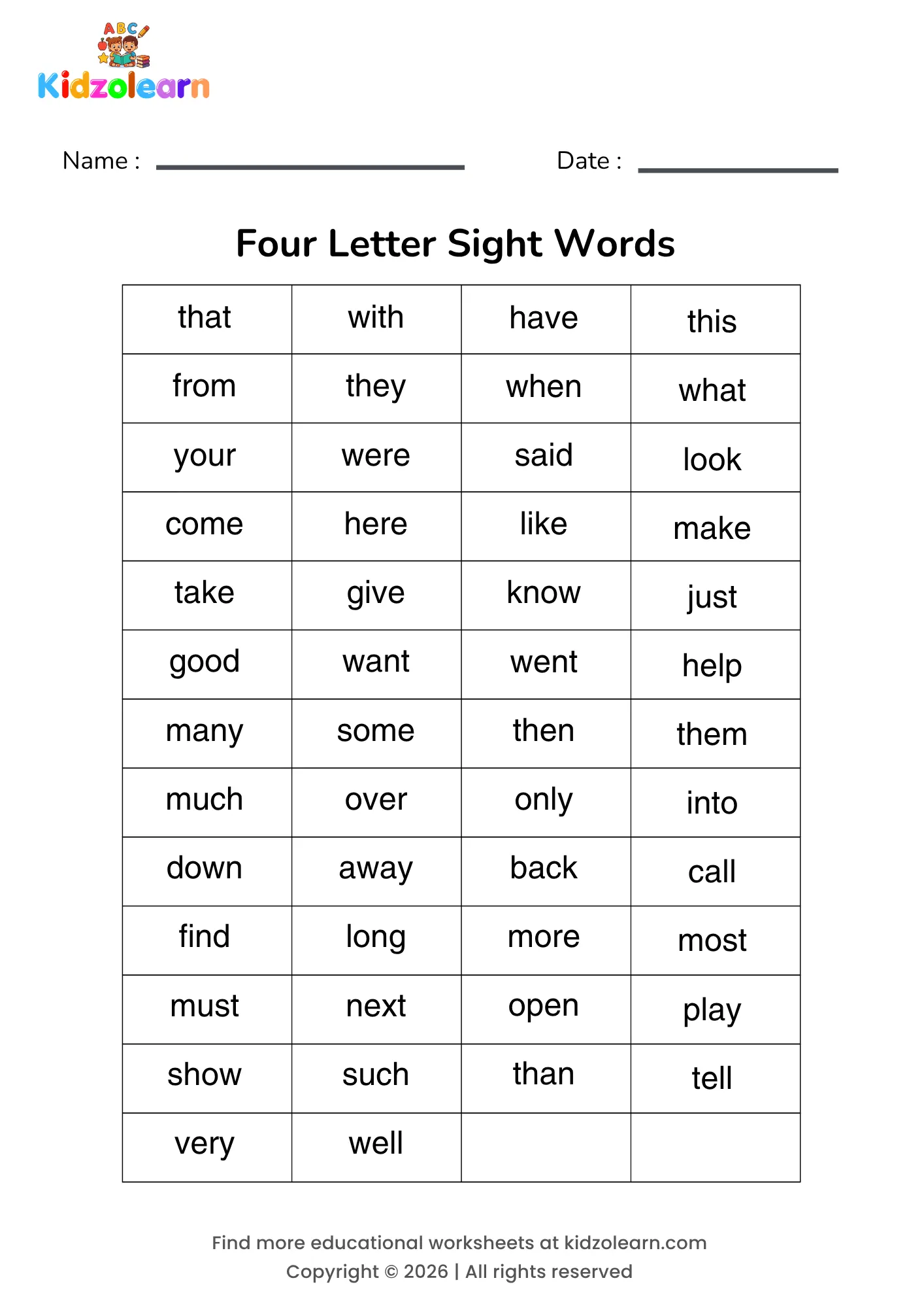 Free four letter sight words worksheet – printable PDF with 50 common sight words that are exactly four letters long — including that, with, have, this, from and they — grouped for children building beyond three-letter words