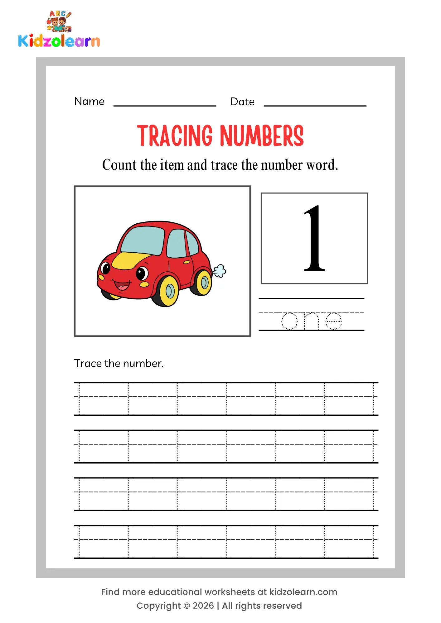 Free number 1 tracing worksheet for kids – printable PDF with dotted number tracing, number word tracing, and a car counting picture