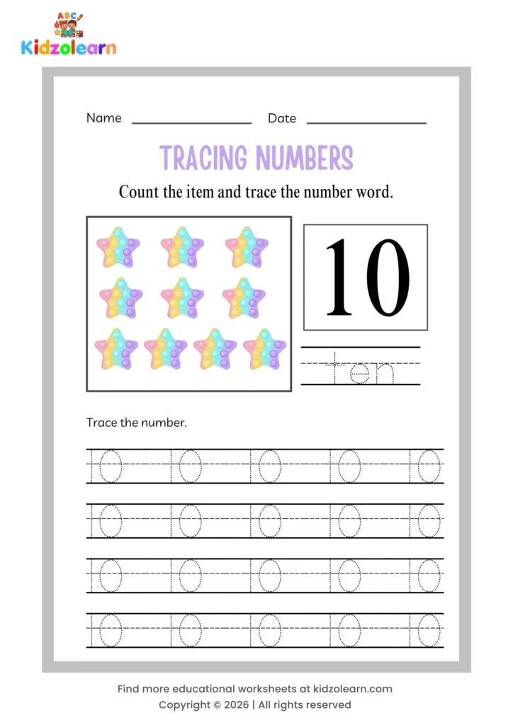 Free number 10 tracing worksheet for kids – printable PDF with dotted number tracing, number word tracing, and ten pop-it stars counting picture