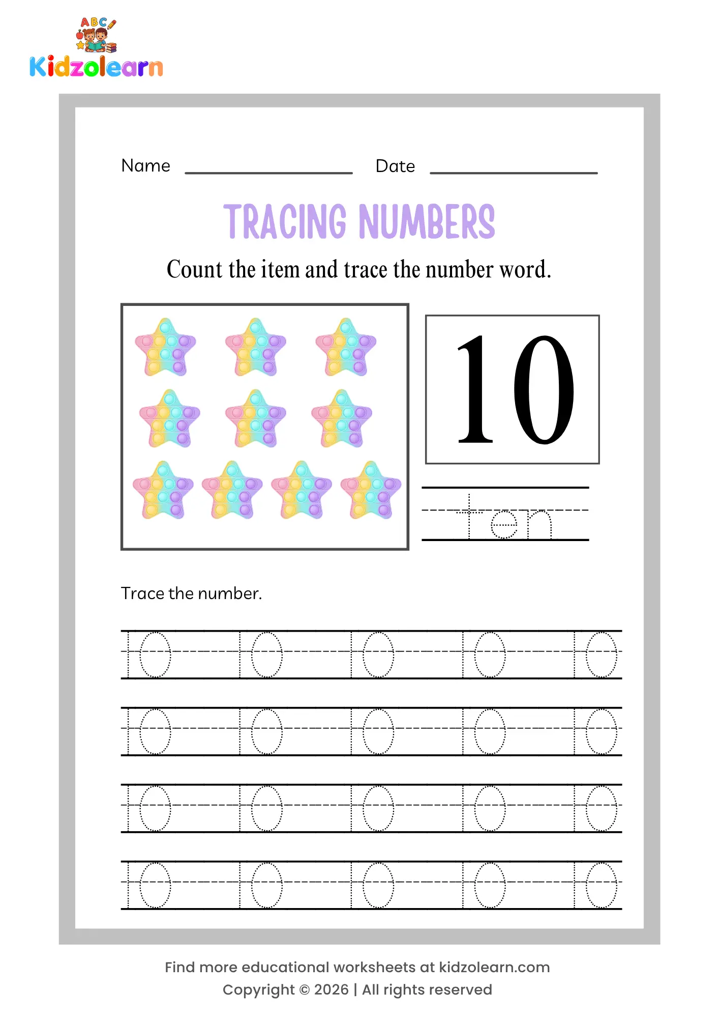 Free number 10 tracing worksheet for kids – printable PDF with dotted number tracing, number word tracing, and ten pop-it stars counting picture