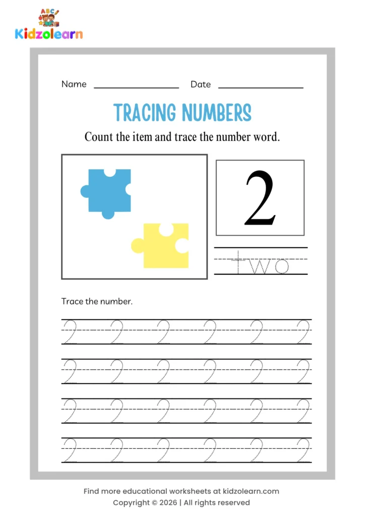 Free number 2 tracing worksheet for kids – printable PDF with dotted number tracing, number word tracing, and two puzzle pieces counting picture
