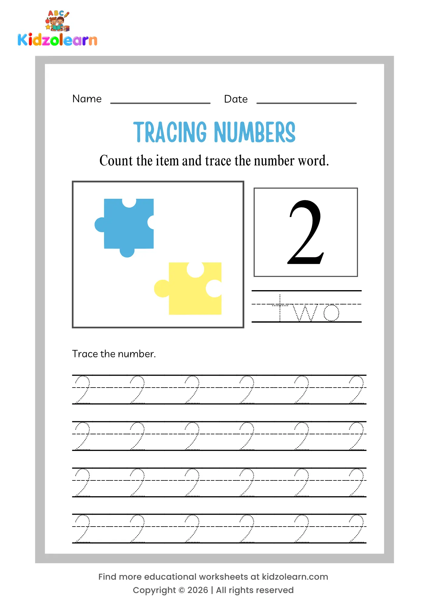 Free number 2 tracing worksheet for kids – printable PDF with dotted number tracing, number word tracing, and two puzzle pieces counting picture