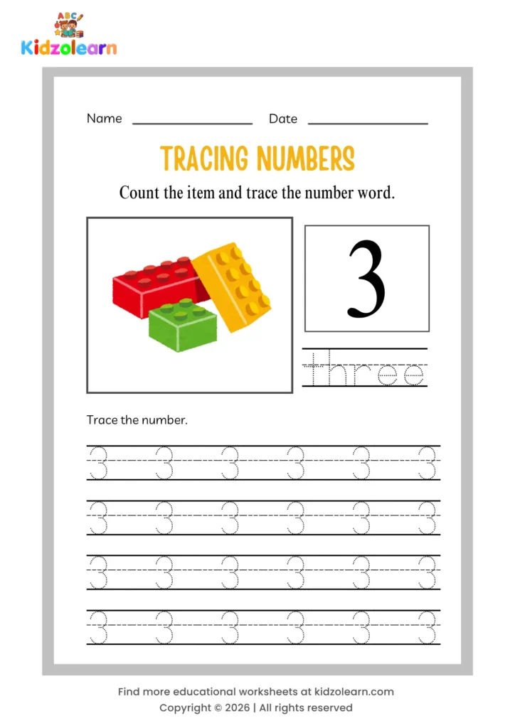 Free number 3 tracing worksheet for kids – printable PDF with dotted number tracing, number word tracing, and three lego bricks counting picture