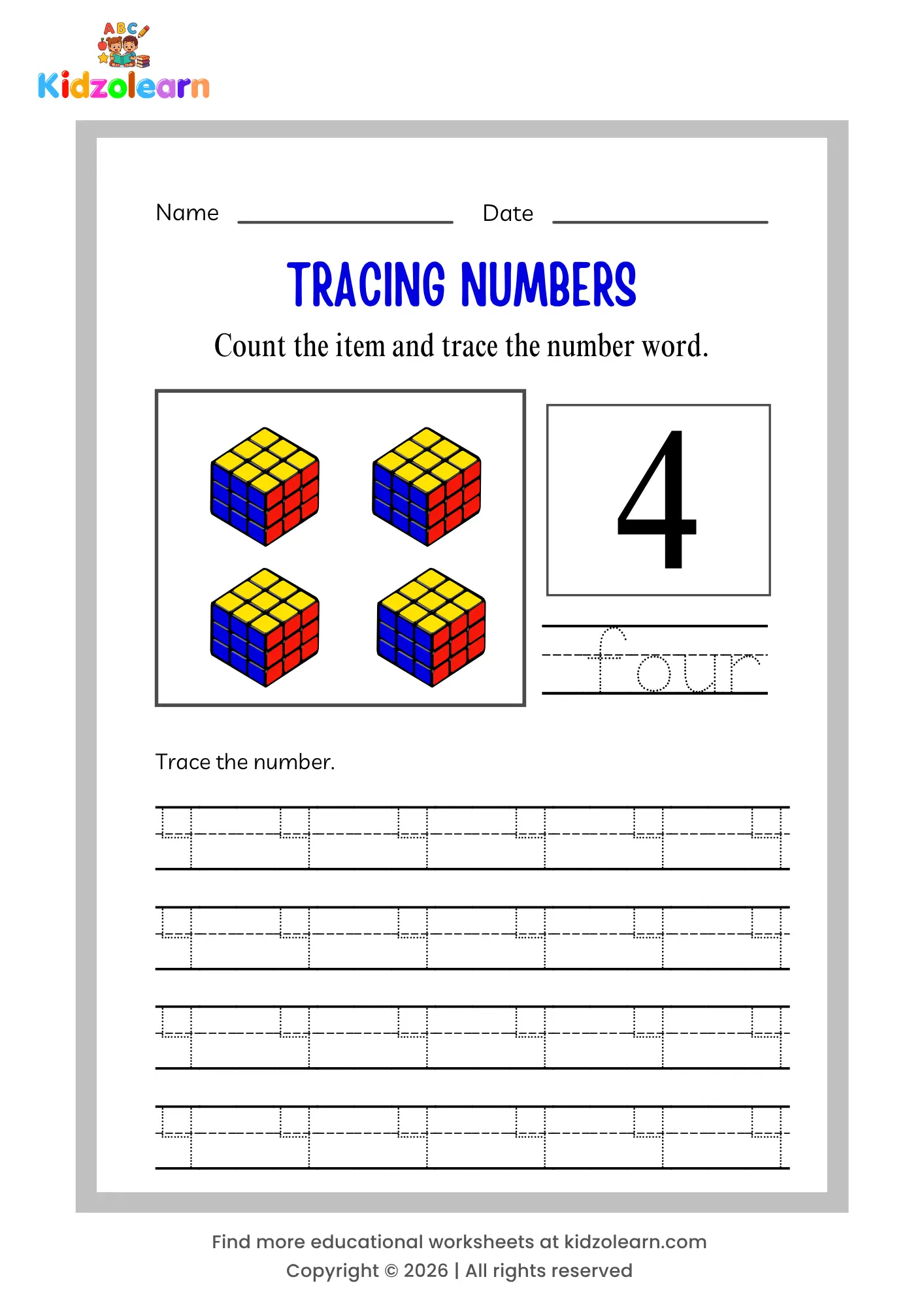 Free number 4 tracing worksheet for kids – printable PDF with dotted number tracing, number word tracing, and four rubik's cubes counting picture