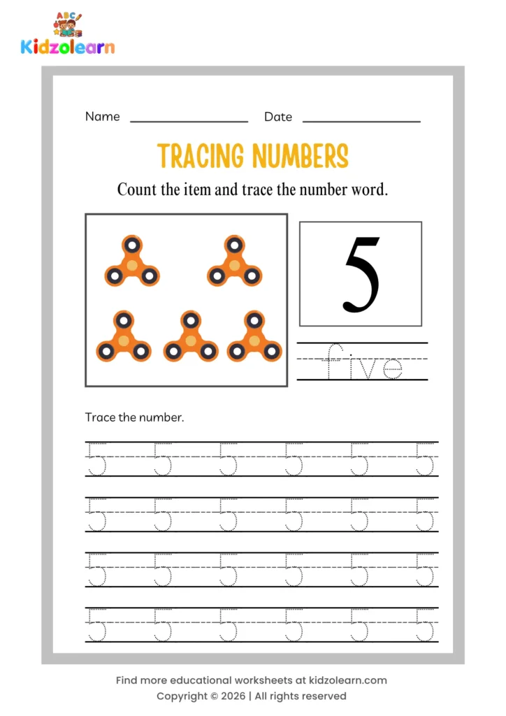 Free number 5 tracing worksheet for kids – printable PDF with dotted number tracing, number word tracing, and five fidget spinners counting picture