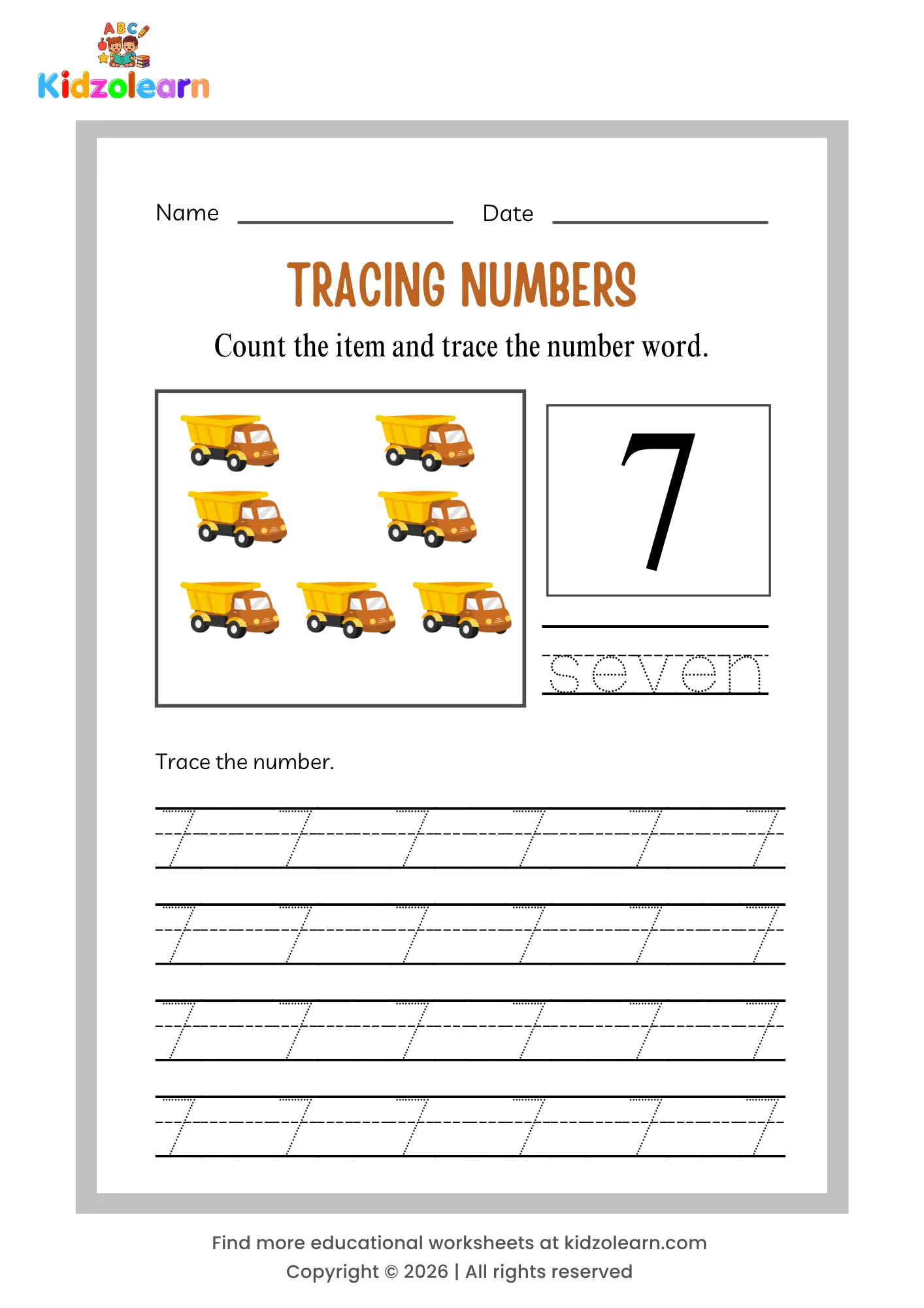 Free number 7 tracing worksheet for kids – printable PDF with dotted number tracing, number word tracing, and seven dump trucks counting picture