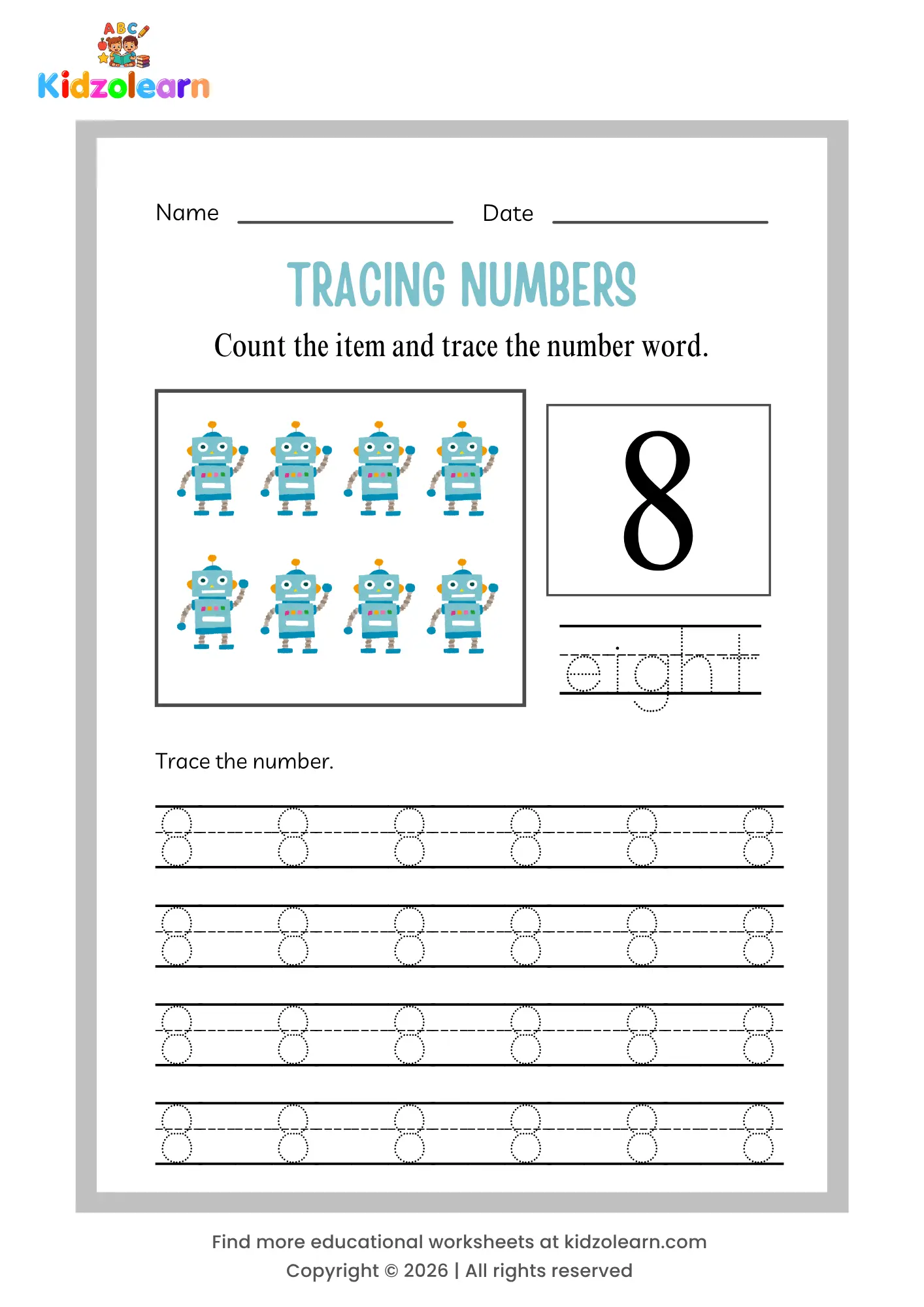 Free number 8 tracing worksheet for kids – printable PDF with dotted number tracing, number word tracing, and eight robots counting picture
